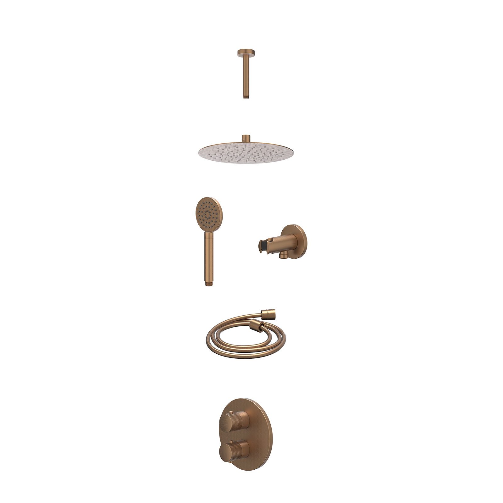 IVY Nexus Regendoucheset inbouw 2-weg - 25cm slim - plafond 15cm - wandhouder - satin spray - excl. inbouwbox - Geborsteld mat koper