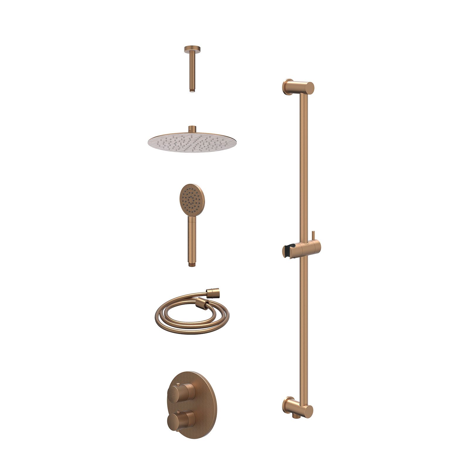 IVY Nexus Regendoucheset inbouw 2-weg - 25cm slim - plafond 15cm - glijstang - satin spray - excl. inbouwbox - Geborsteld mat koper