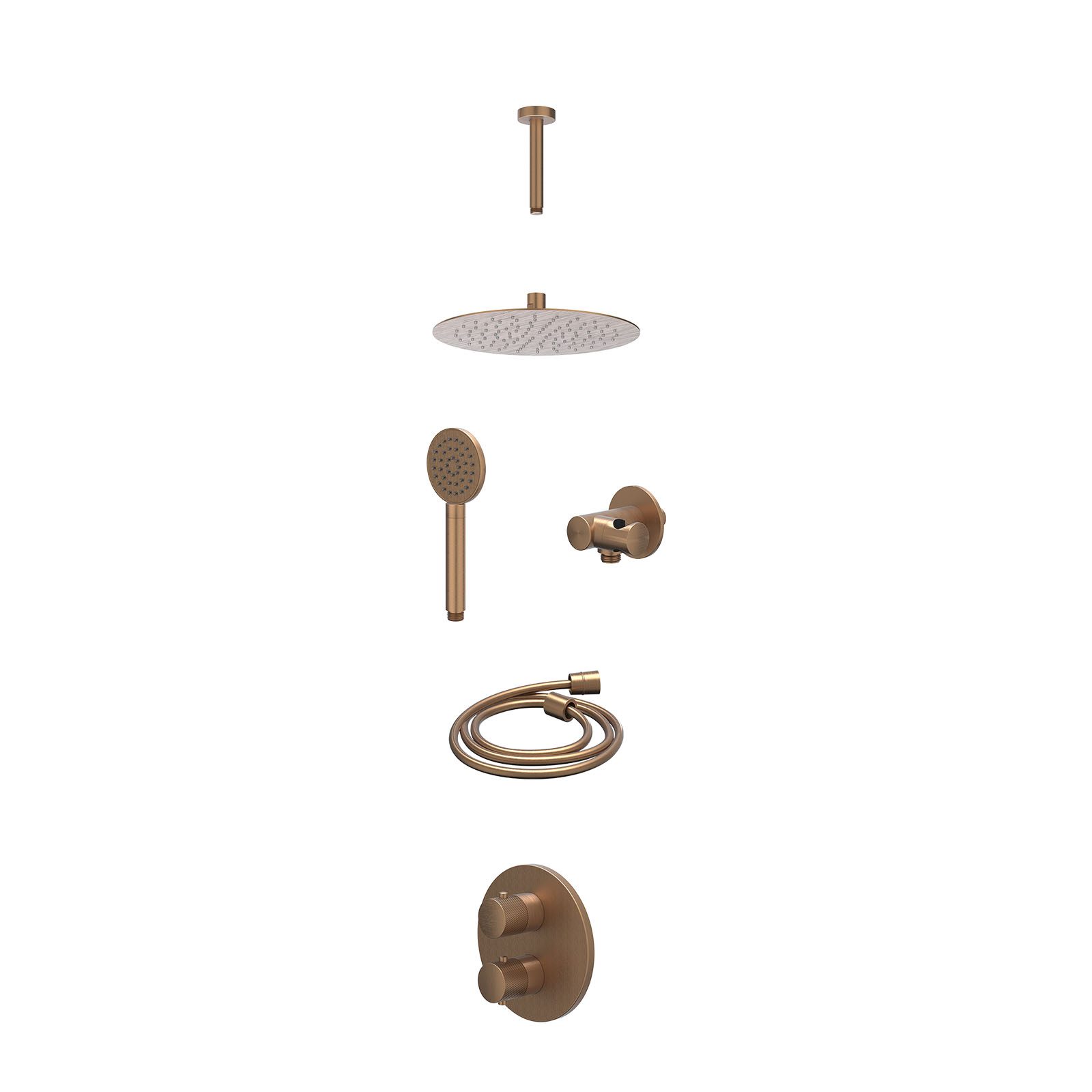 IVY Nexus Regendoucheset inbouw 2-weg - 25cm slim - plafond 15cm - verstelbare steun - satin spray - excl. inbouwbox - Geborsteld mat koper