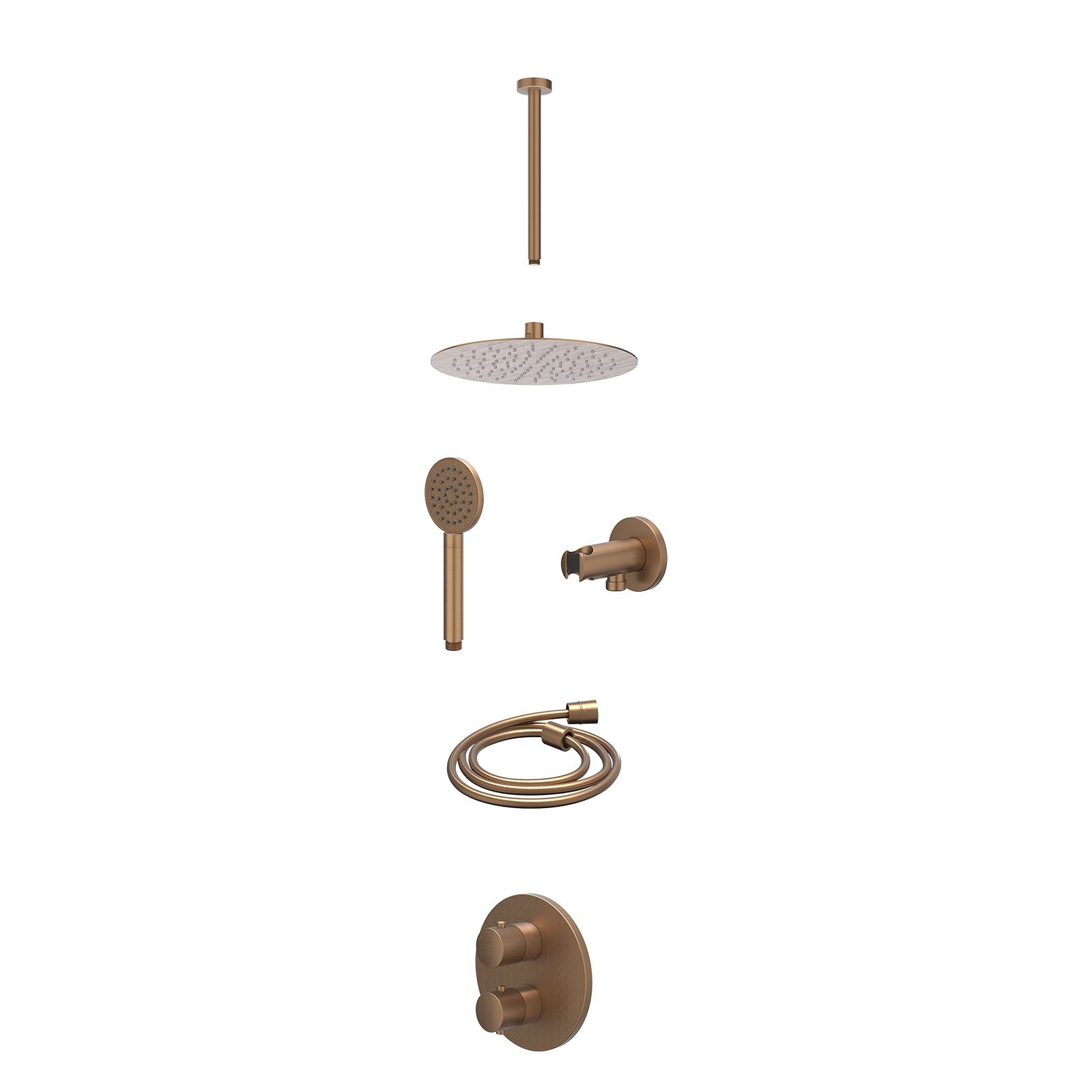 IVY Nexus Regendoucheset inbouw 2-weg - 25cm slim - plafond 30cm - wandhouder - satin spray - excl. inbouwbox - Geborsteld mat koper