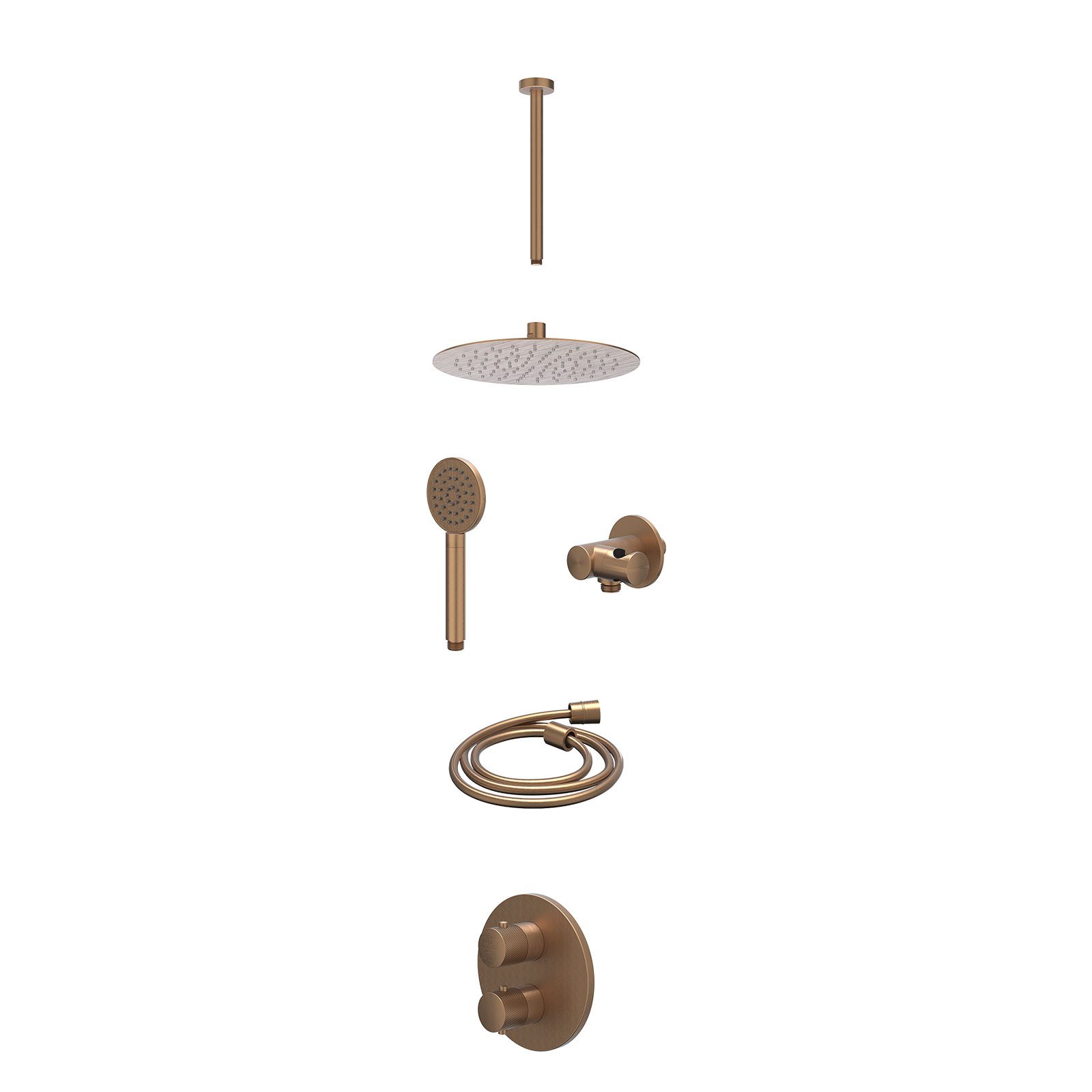 IVY Nexus Regendoucheset inbouw 2-weg - 25cm slim - plafond 30cm - verstelbare steun - satin spray - excl. inbouwbox - Geborsteld mat koper