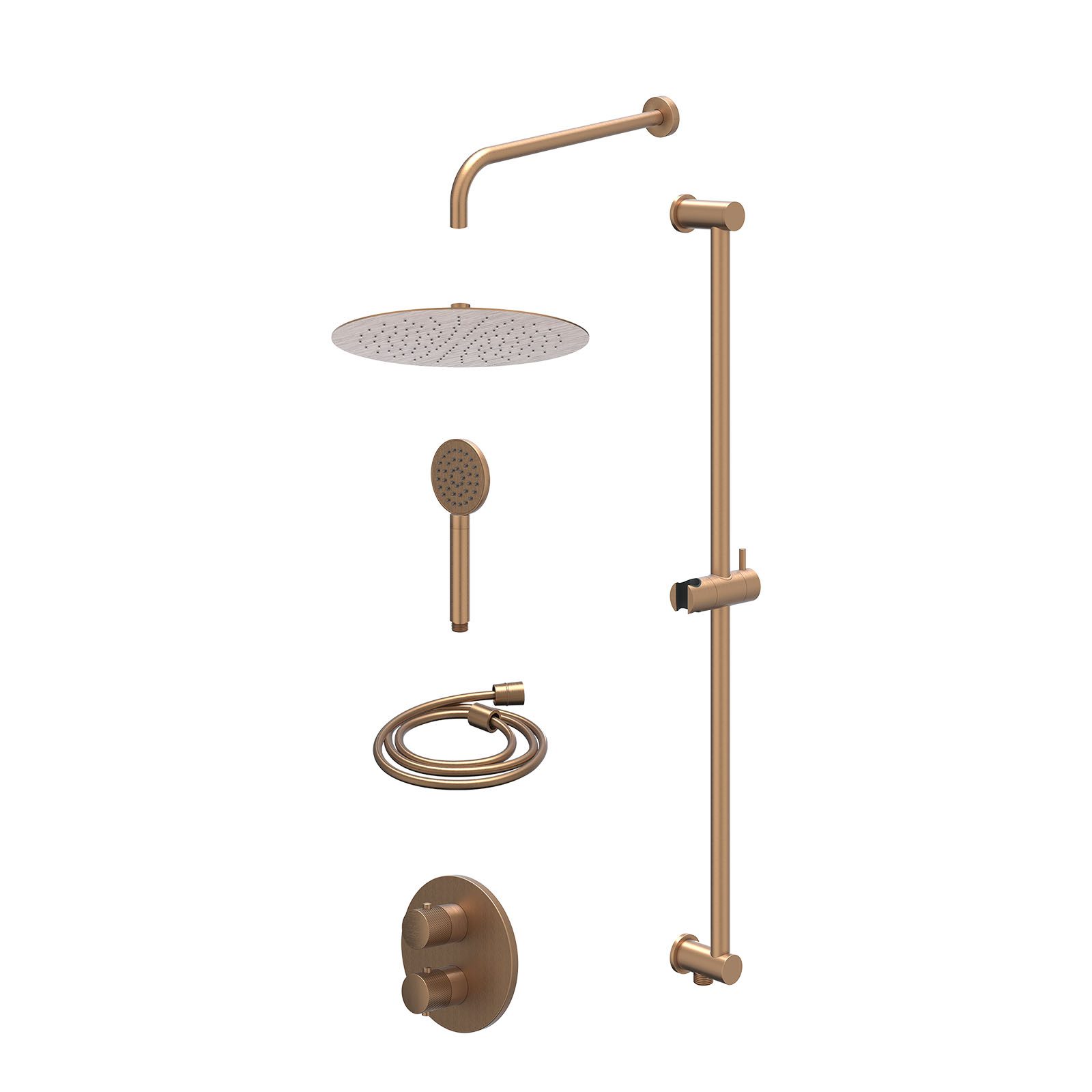 IVY Nexus Regendoucheset inbouw 2-weg - 30cm slim - wandarm - glijstang - satin spray - excl. inbouwbox - Geborsteld mat koper
