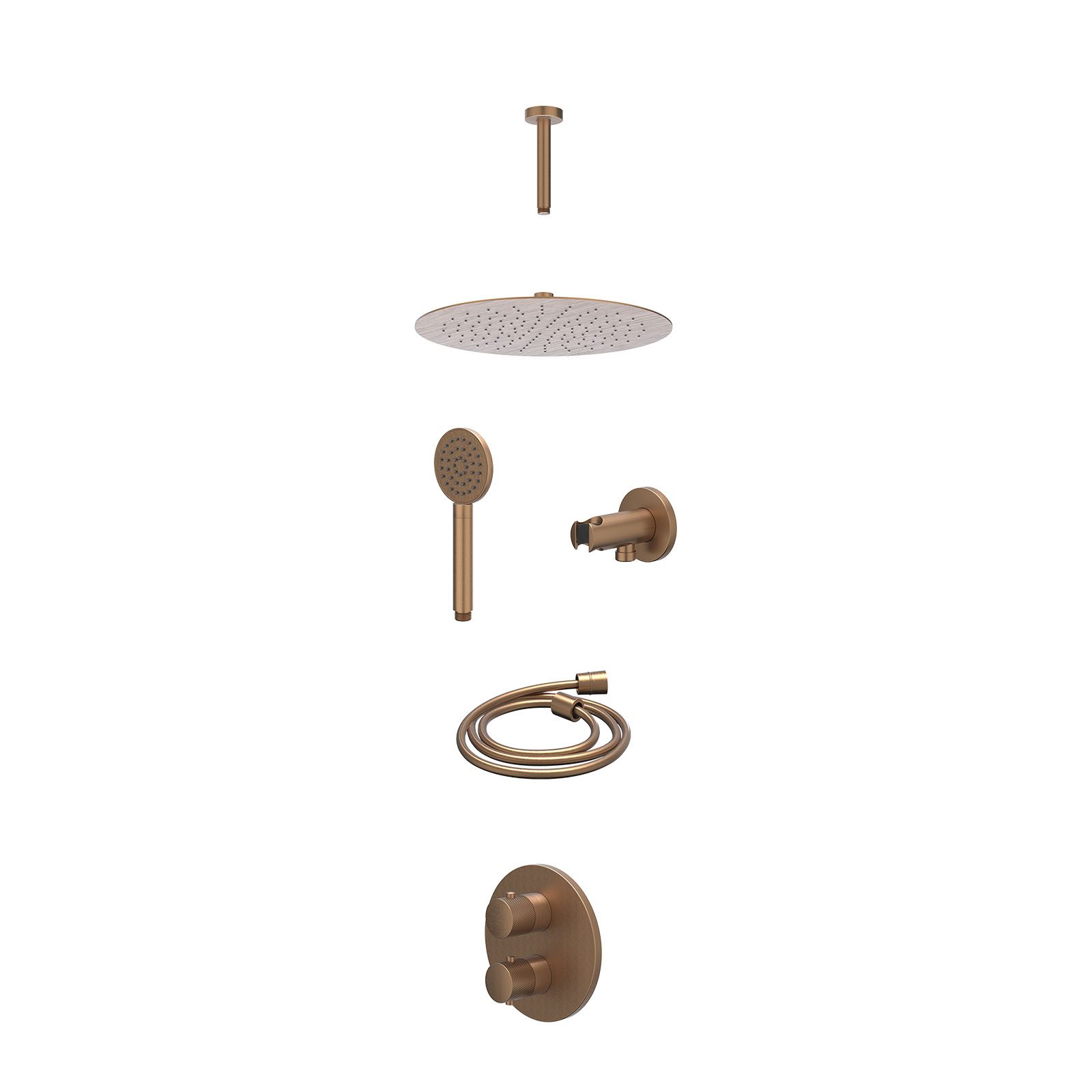 IVY Nexus Regendoucheset inbouw 2-weg - 30cm slim - plafond 15cm - wandhouder - satin spray - excl. inbouwbox - Geborsteld mat koper