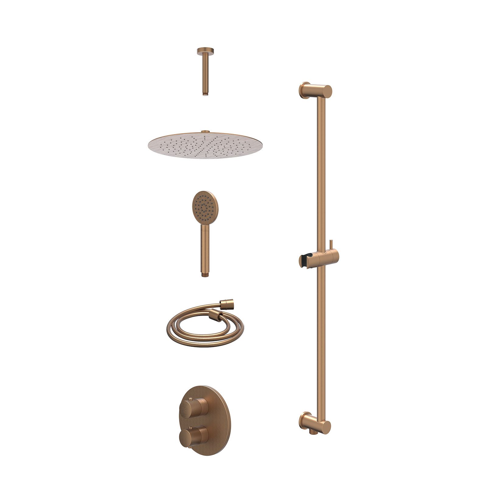 IVY Nexus Regendoucheset inbouw 2-weg - 30cm slim - plafond 15cm - glijstang - satin spray - excl. inbouwbox - Geborsteld mat koper