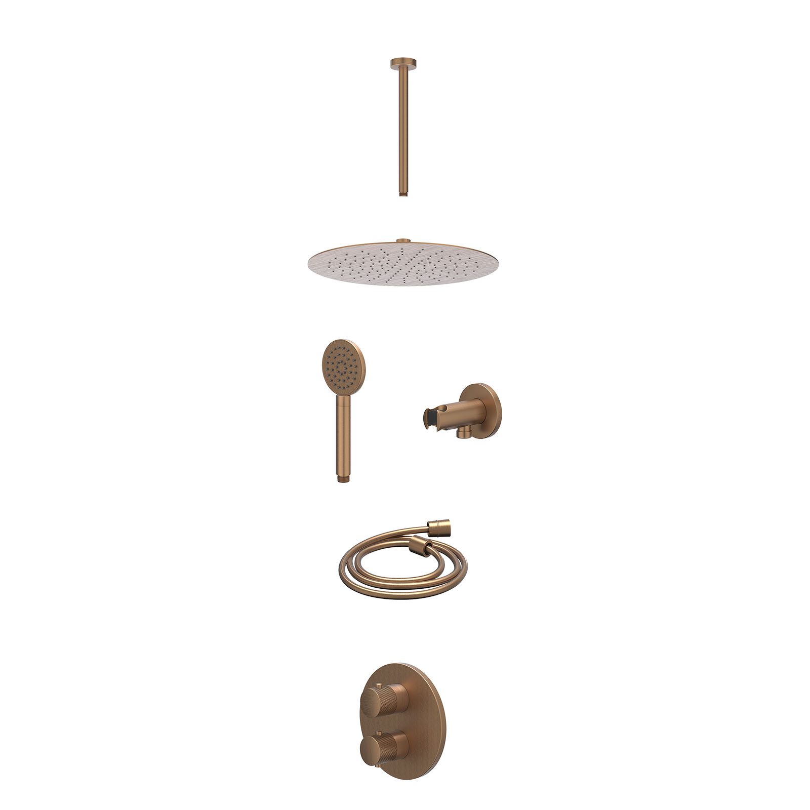 IVY Nexus Regendoucheset inbouw 2-weg - 30cm slim - plafond 30cm - wandhouder - satin spray - excl. inbouwbox - Geborsteld mat koper