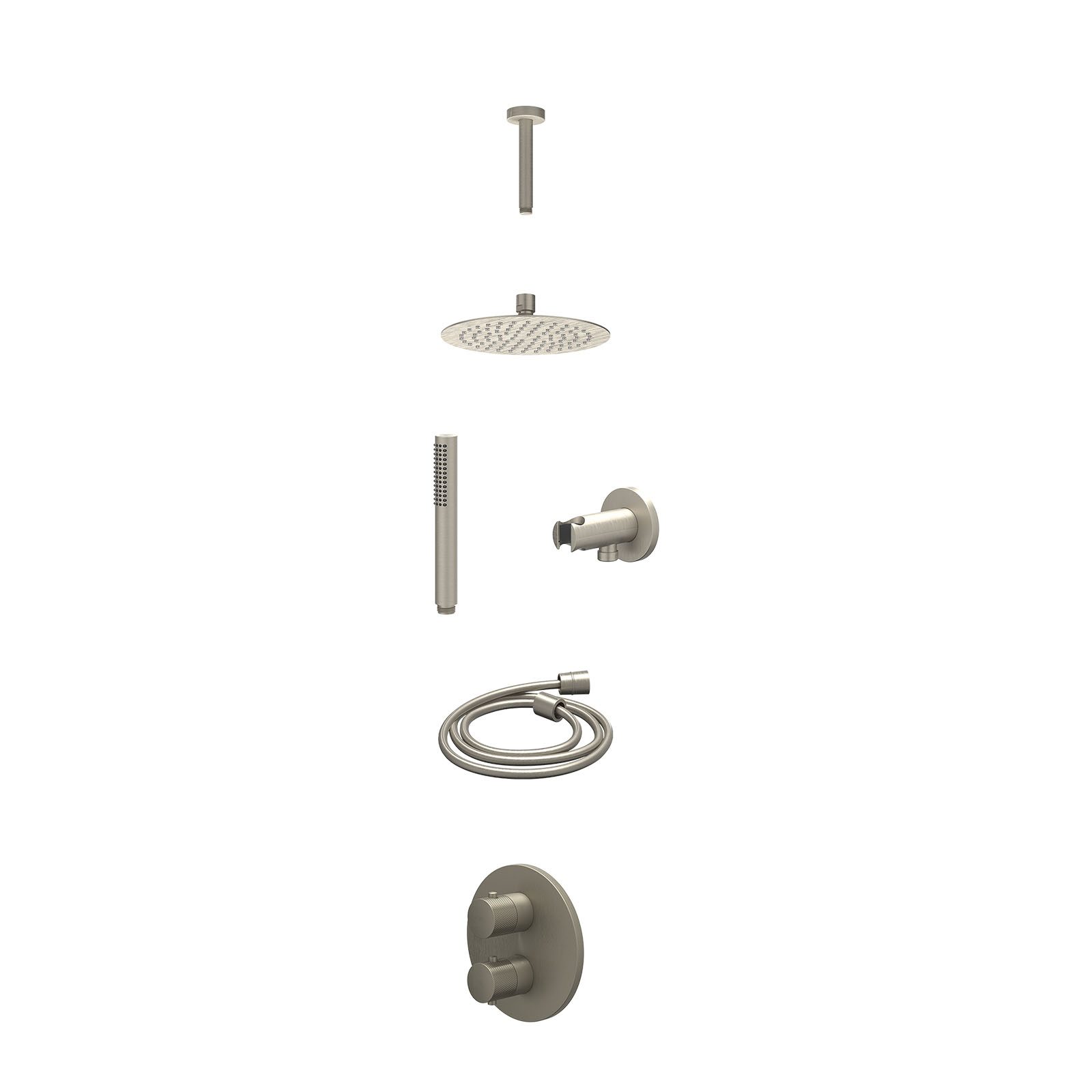 IVY Nexus Regendoucheset inbouw 2-weg - 20cm slim - plafond 15cm - wandhouder - staafhanddouche - excl. inbouwbox - Geborsteld nickel