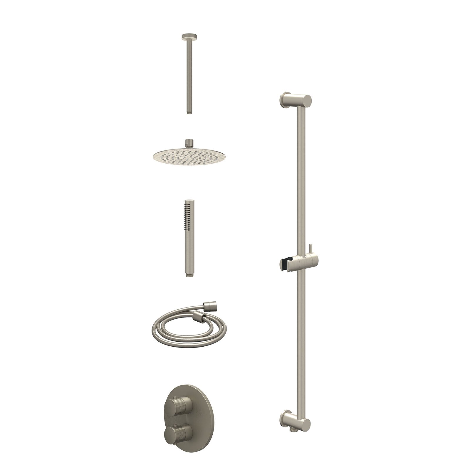 IVY Nexus Regendoucheset inbouw 2-weg - 20cm slim - plafond 30cm - glijstang - staafhanddouche - excl. inbouwbox - Geborsteld nickel