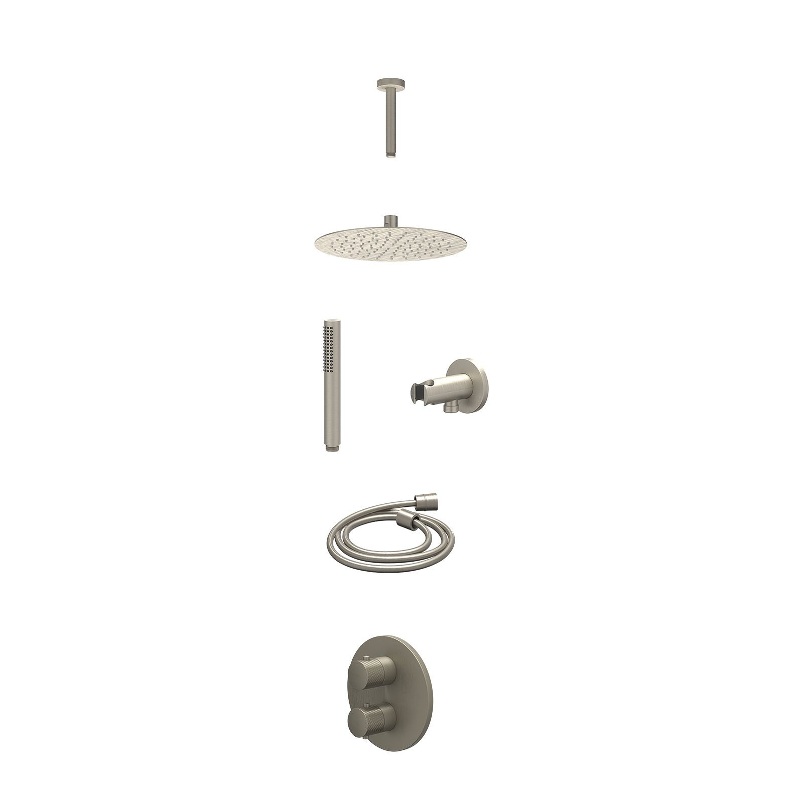 IVY Nexus Regendoucheset inbouw 2-weg - 25cm slim - plafond 15cm - wandhouder - staafhanddouche - excl. inbouwbox - Geborsteld nickel
