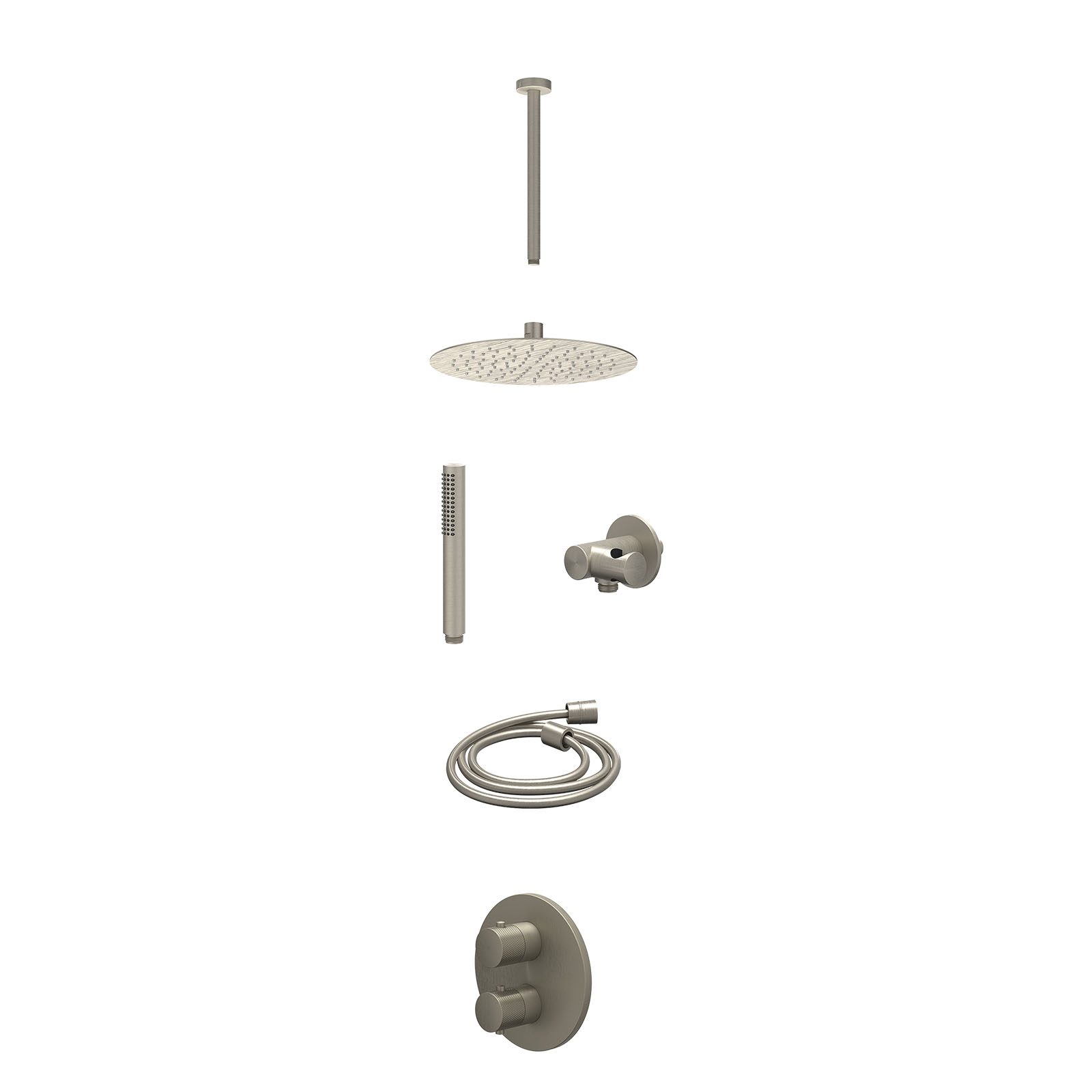 IVY Nexus Regendoucheset inbouw 2-weg - 25cm slim - plafond 30cm - verstelbare steun - staafhanddouche - excl. inbouwbox - Geborsteld nickel