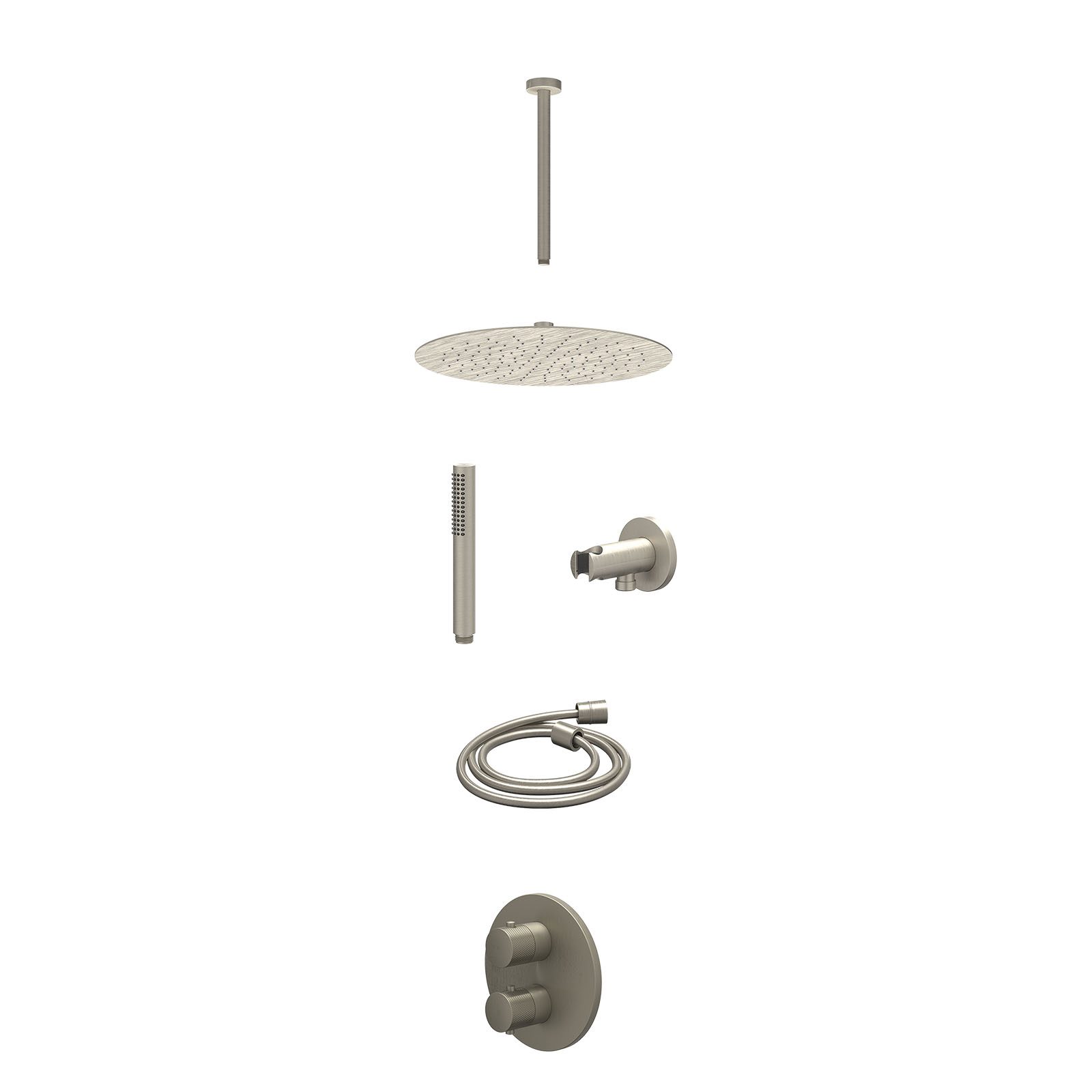 IVY Nexus Regendoucheset inbouw 2-weg - 30cm slim - plafond 30cm - wandhouder - staafhanddouche - excl. inbouwbox - Geborsteld nickel