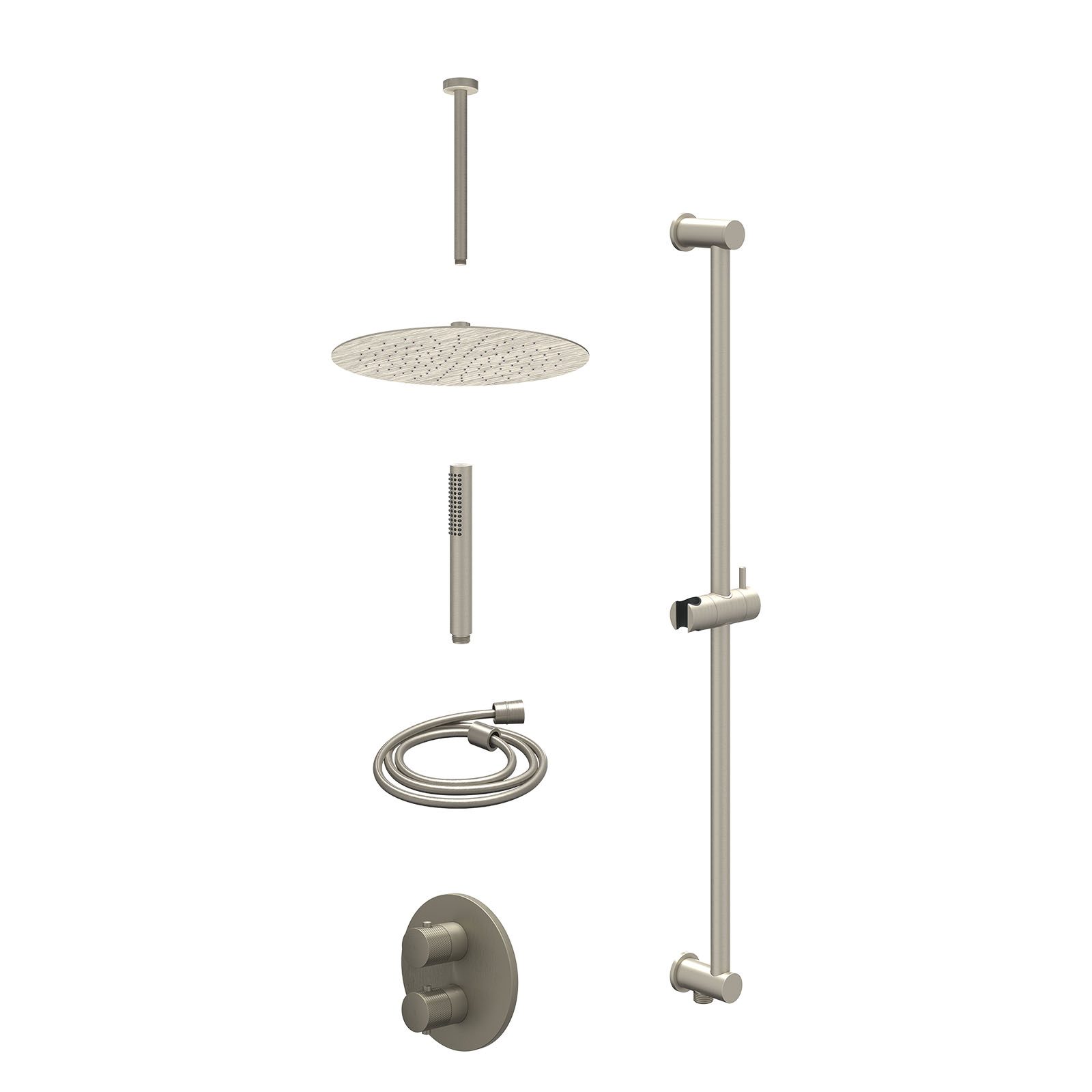 IVY Nexus Regendoucheset inbouw 2-weg - 30cm slim - plafond 30cm - glijstang - staafhanddouche - excl. inbouwbox - Geborsteld nickel