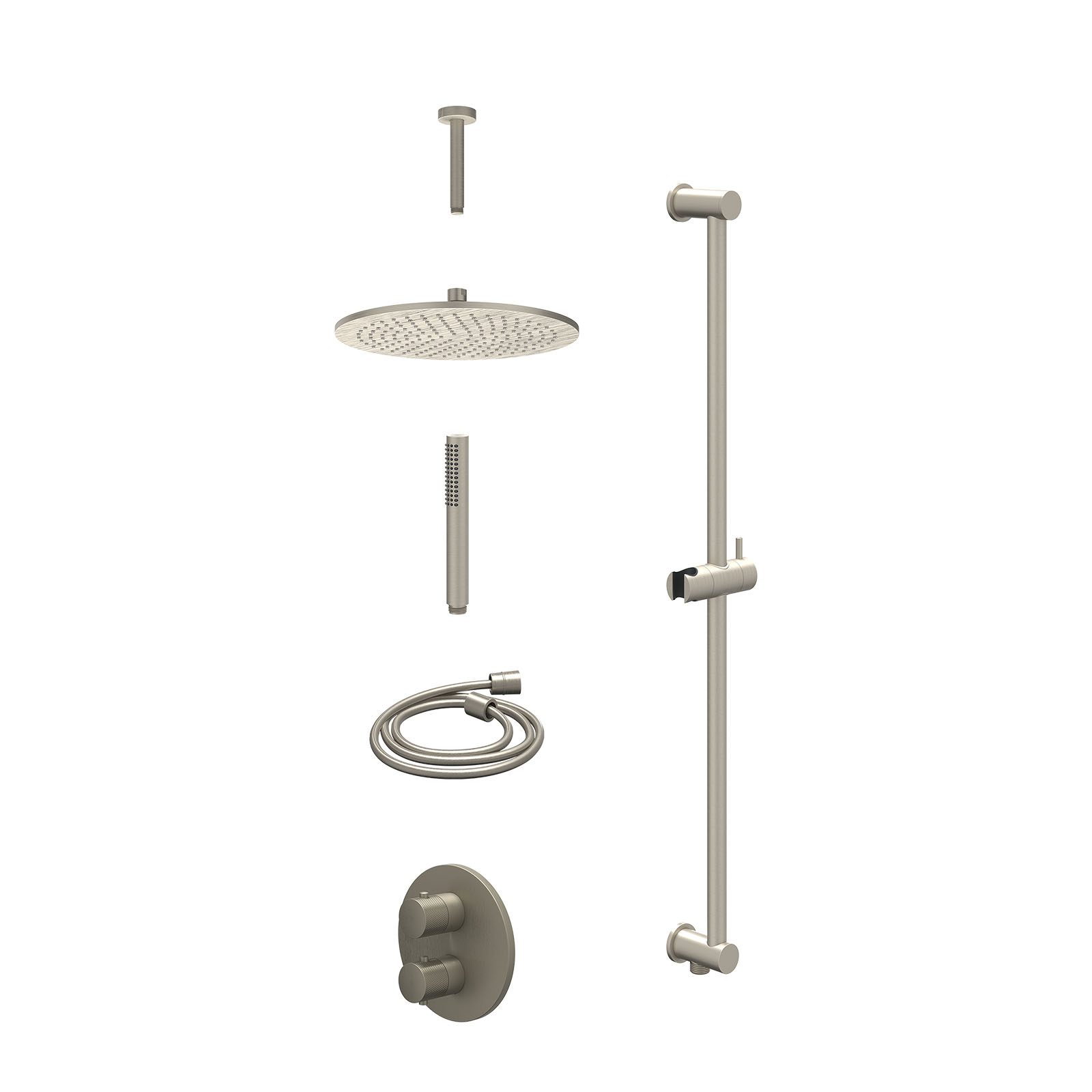 IVY Nexus Regendoucheset inbouw 2-weg - 30cm medium - plafond 15cm - glijstang - staafhanddouche - excl. inbouwbox - Geborsteld nickel