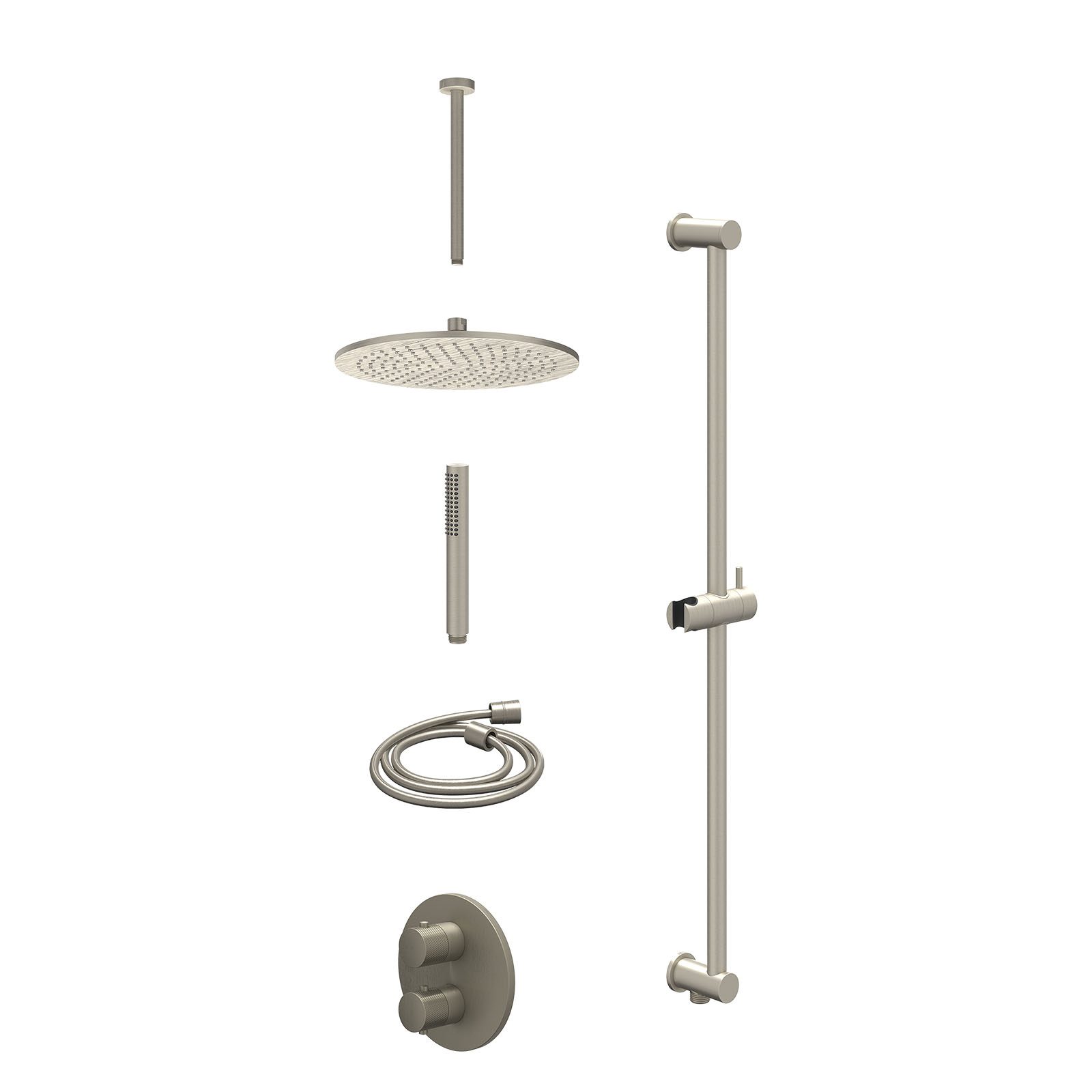 IVY Nexus Regendoucheset inbouw 2-weg - 30cm medium - plafond 30cm - glijstang - staafhanddouche - excl. inbouwbox - Geborsteld nickel
