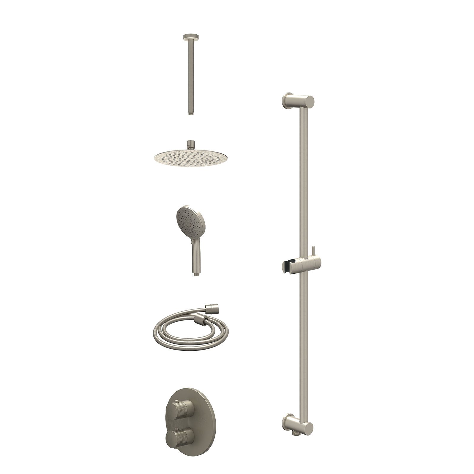 IVY Nexus Regendoucheset inbouw 2-weg - 20cm slim - plafond 30cm - glijstang - 3-standen - excl. inbouwbox - Geborsteld nickel