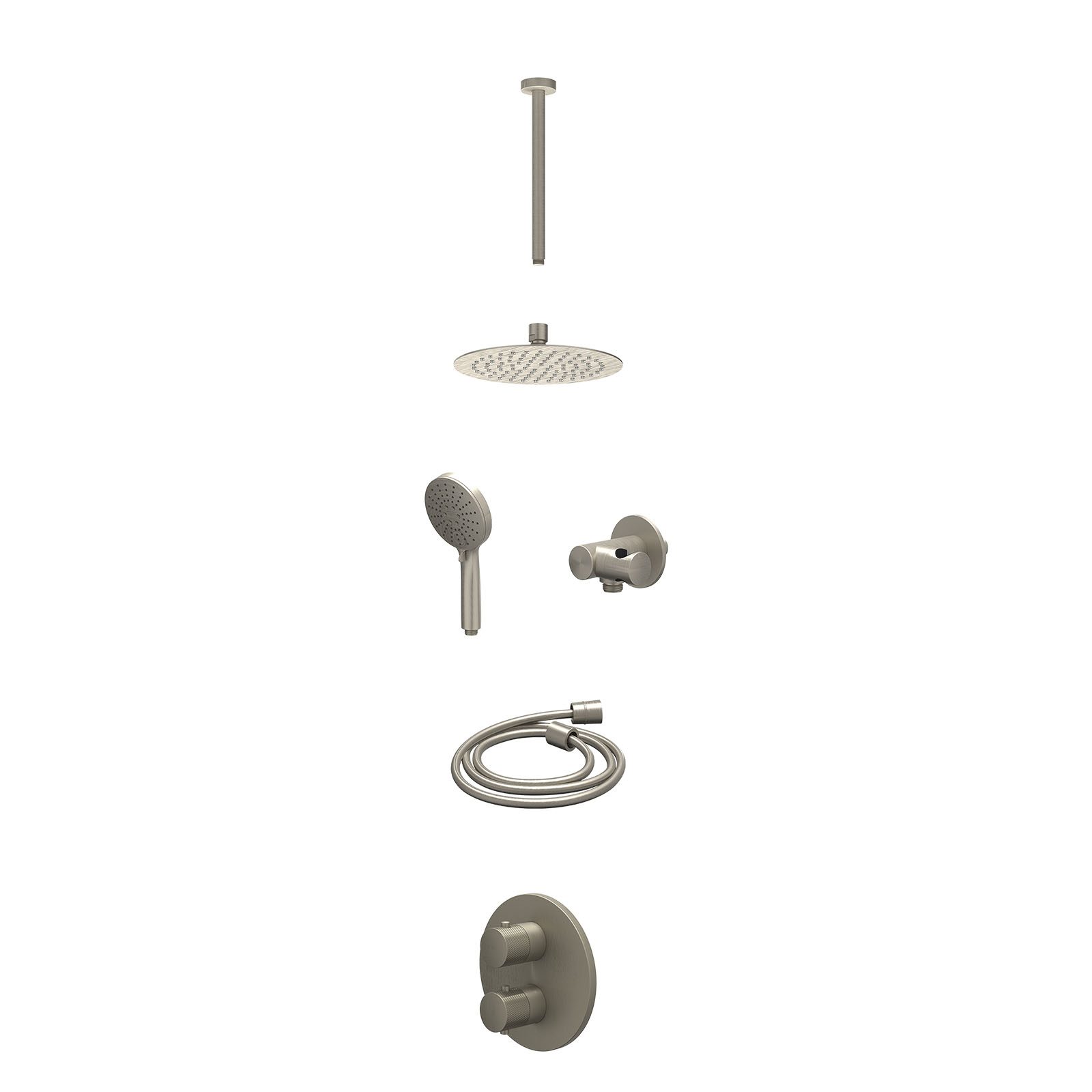 IVY Nexus Regendoucheset inbouw 2-weg - 20cm slim - plafond 30cm - verstelbare steun - 3-standen - excl. inbouwbox - Geborsteld nickel