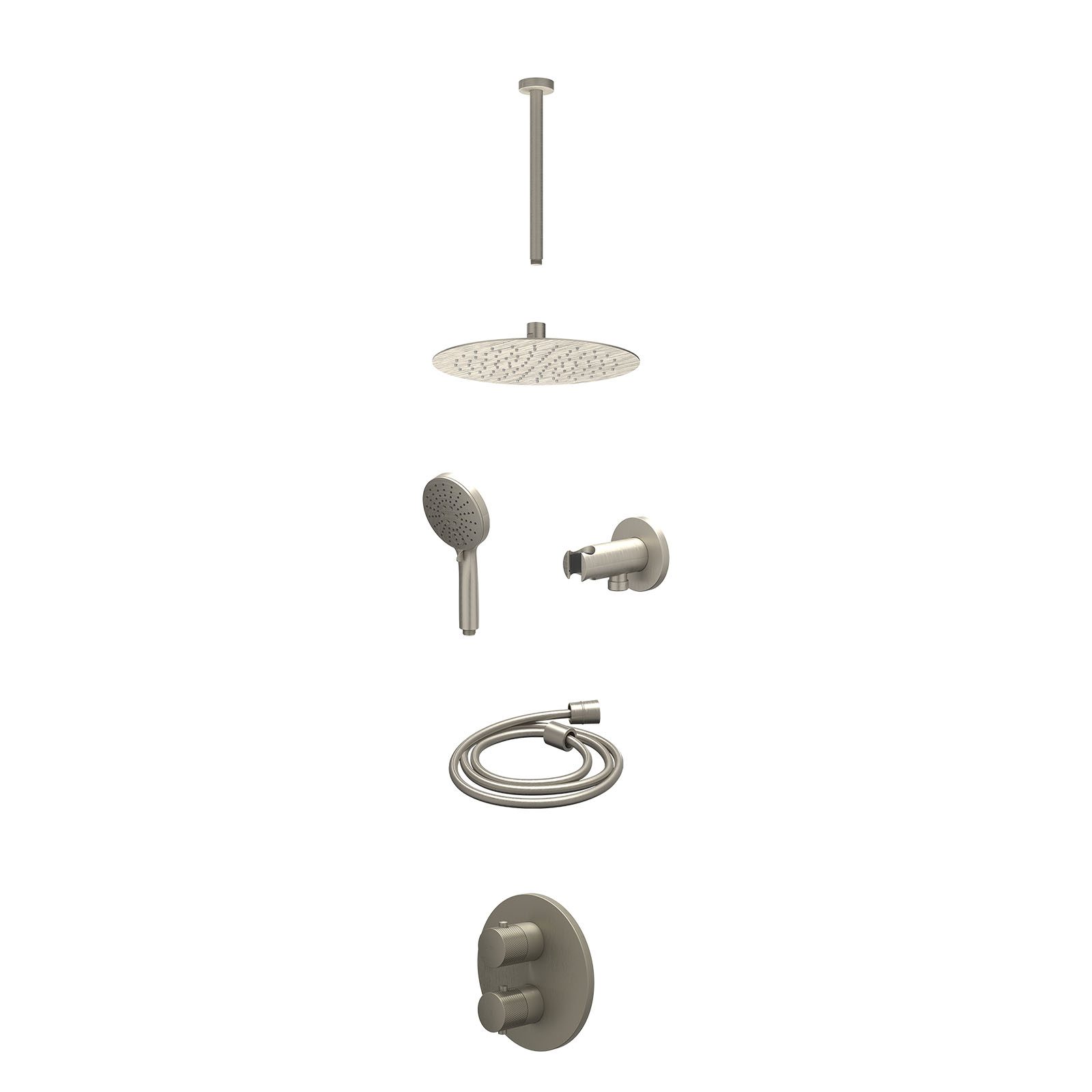 IVY Nexus Regendoucheset inbouw 2-weg - 25cm slim - plafond 30cm - wandhouder - 3-standen - excl. inbouwbox - Geborsteld nickel