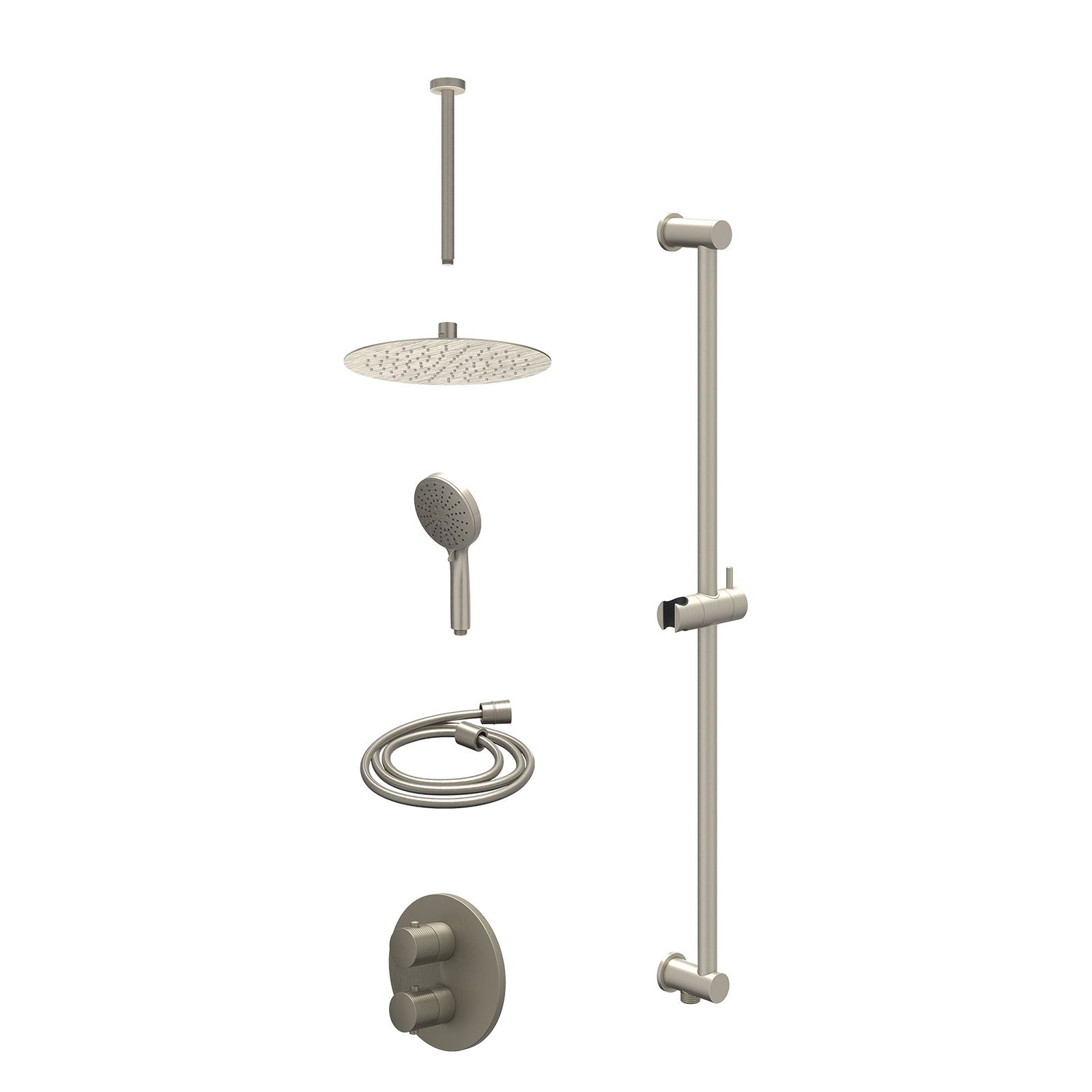 IVY Nexus Regendoucheset inbouw 2-weg - 25cm slim - plafond 30cm - glijstang - 3-standen - excl. inbouwbox - Geborsteld nickel