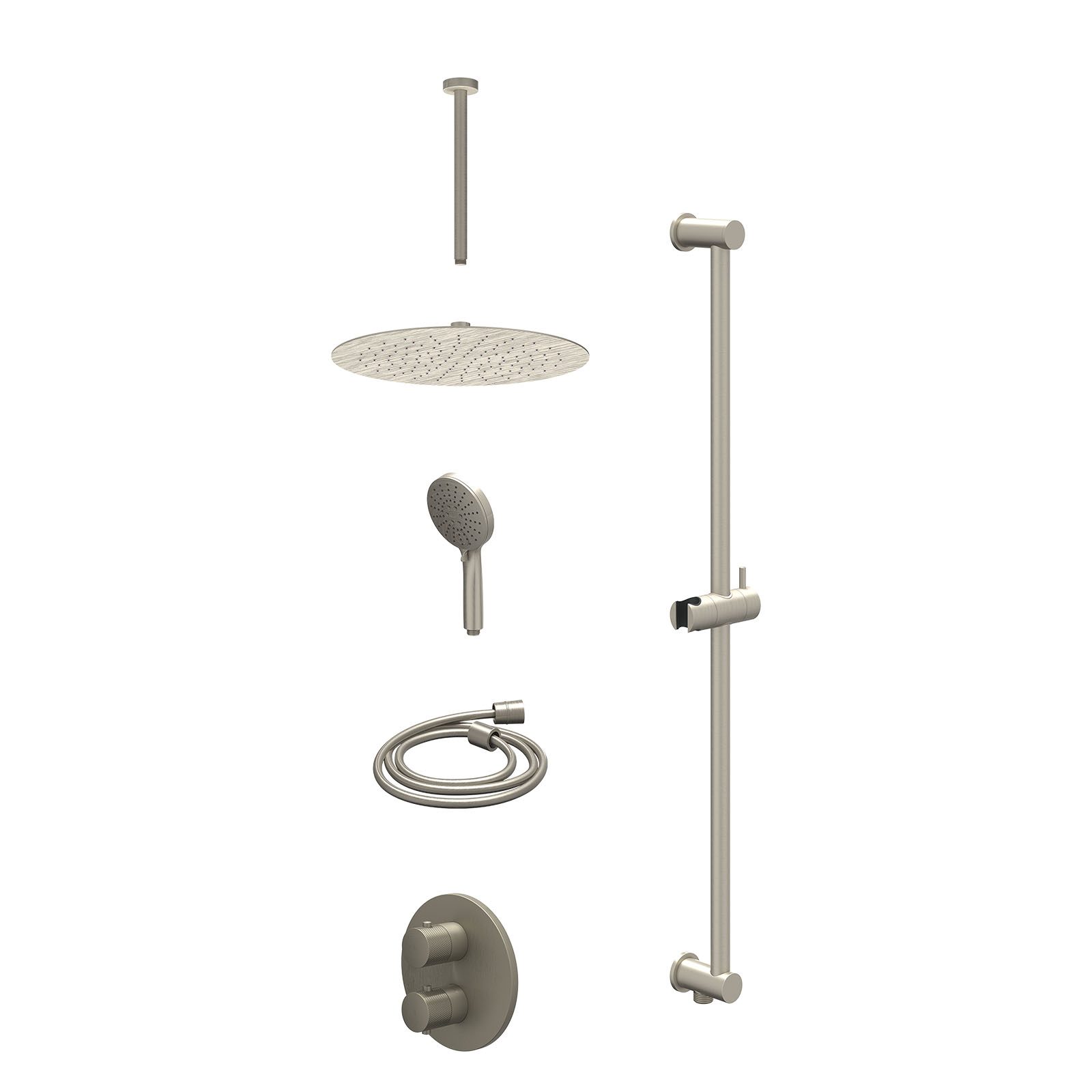 IVY Nexus Regendoucheset inbouw 2-weg - 30cm slim - plafond 30cm - glijstang - 3-standen - excl. inbouwbox - Geborsteld nickel
