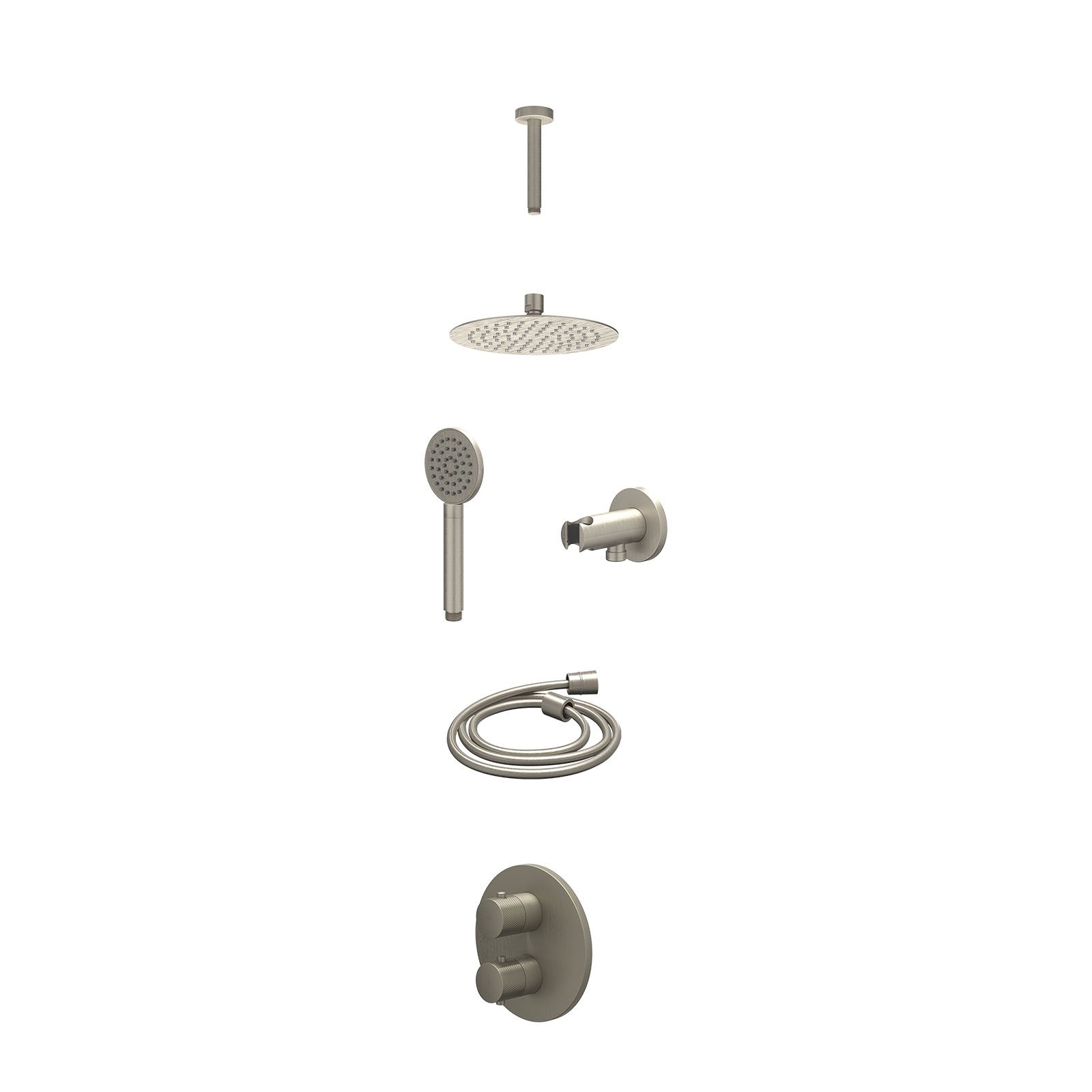 IVY Nexus Regendoucheset inbouw 2-weg - 20cm slim - plafond 15cm - wandhouder - satin spray - excl. inbouwbox - Geborsteld nickel