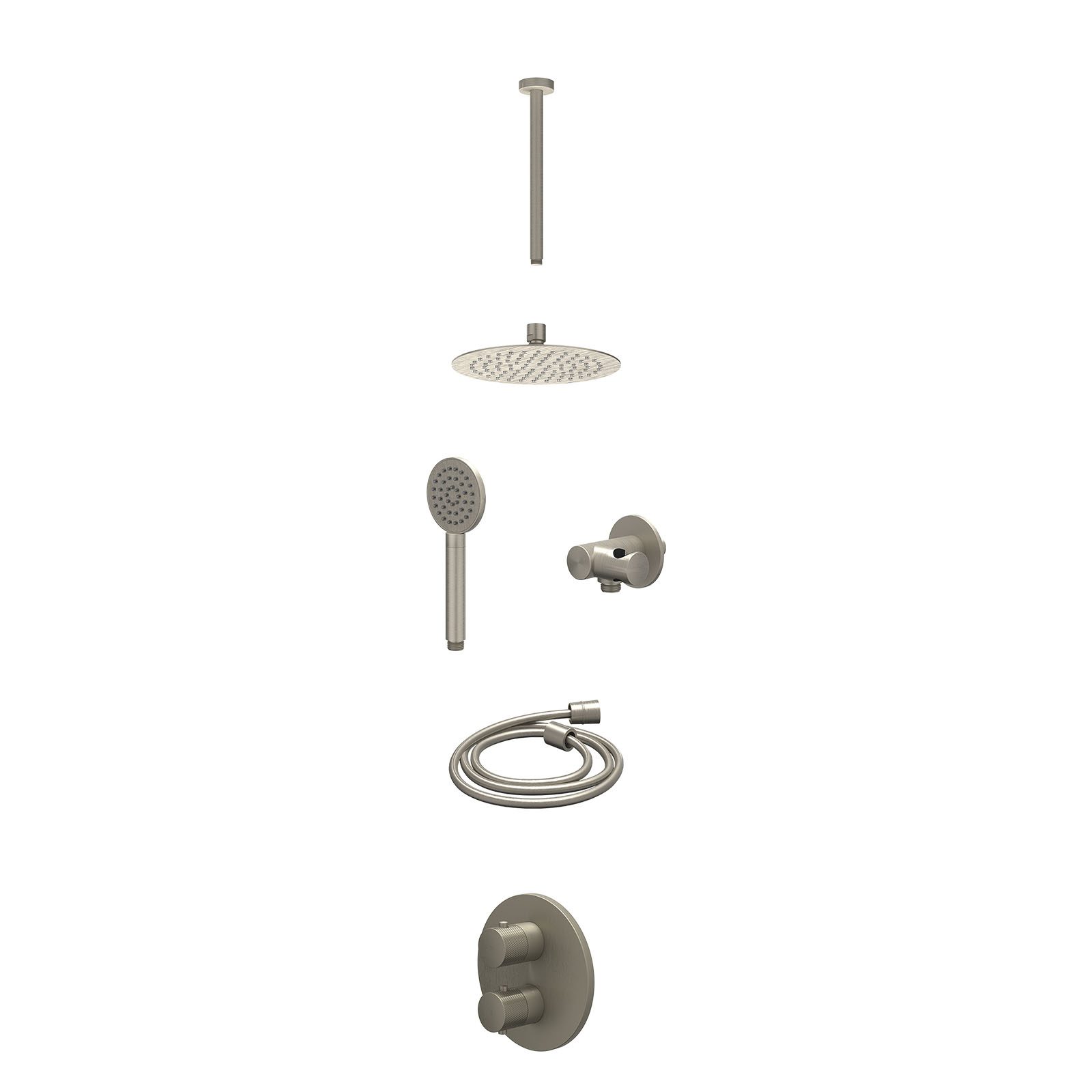 IVY Nexus Regendoucheset inbouw 2-weg - 20cm slim - plafond 30cm - verstelbare steun - satin spray - excl. inbouwbox - Geborsteld nickel