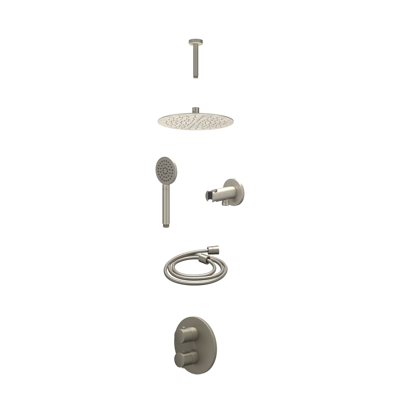 IVY Nexus Regendoucheset inbouw 2-weg - 25cm slim - plafond 15cm - wandhouder - satin spray - excl. inbouwbox - Geborsteld nickel
