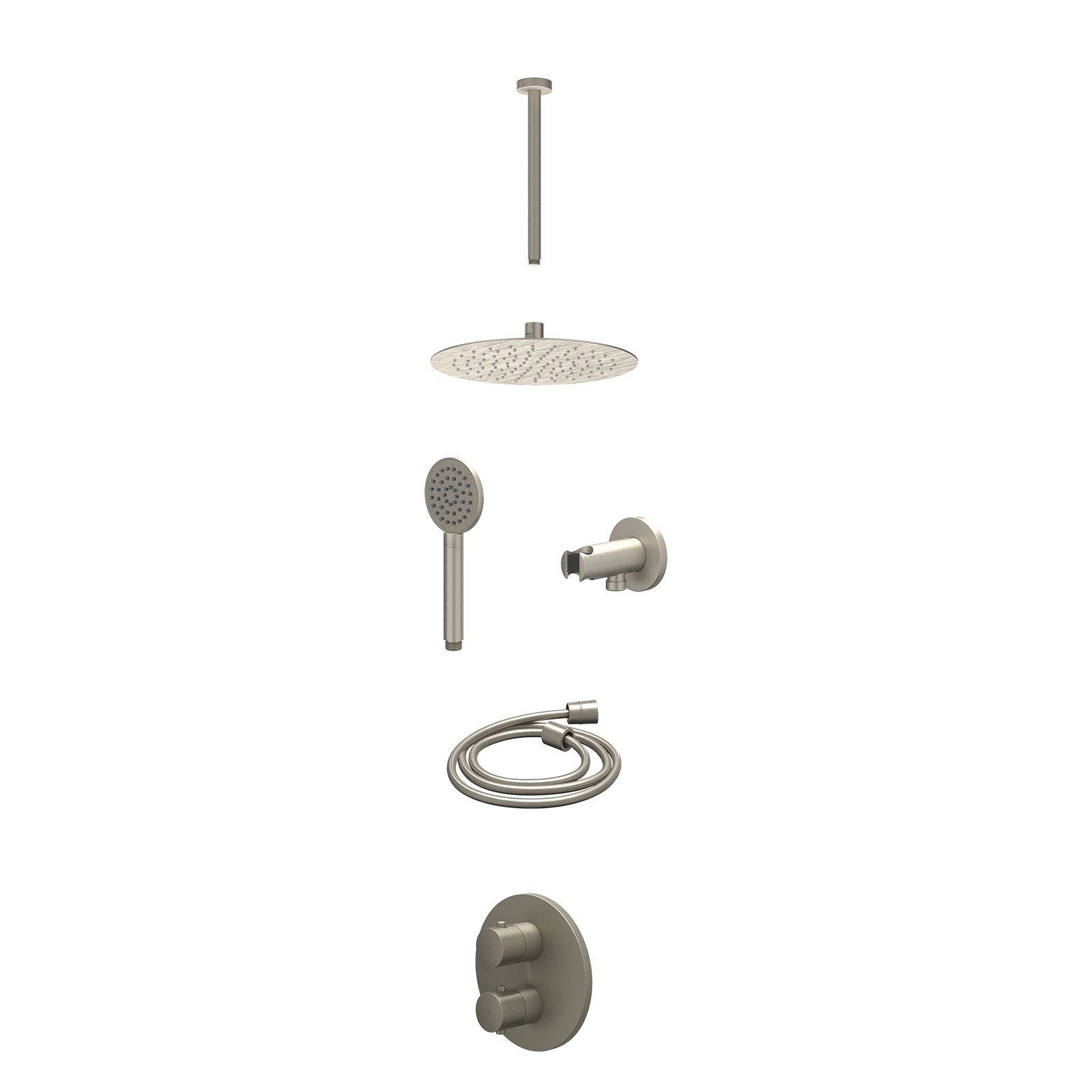 IVY Nexus Regendoucheset inbouw 2-weg - 25cm slim - plafond 30cm - wandhouder - satin spray - excl. inbouwbox - Geborsteld nickel