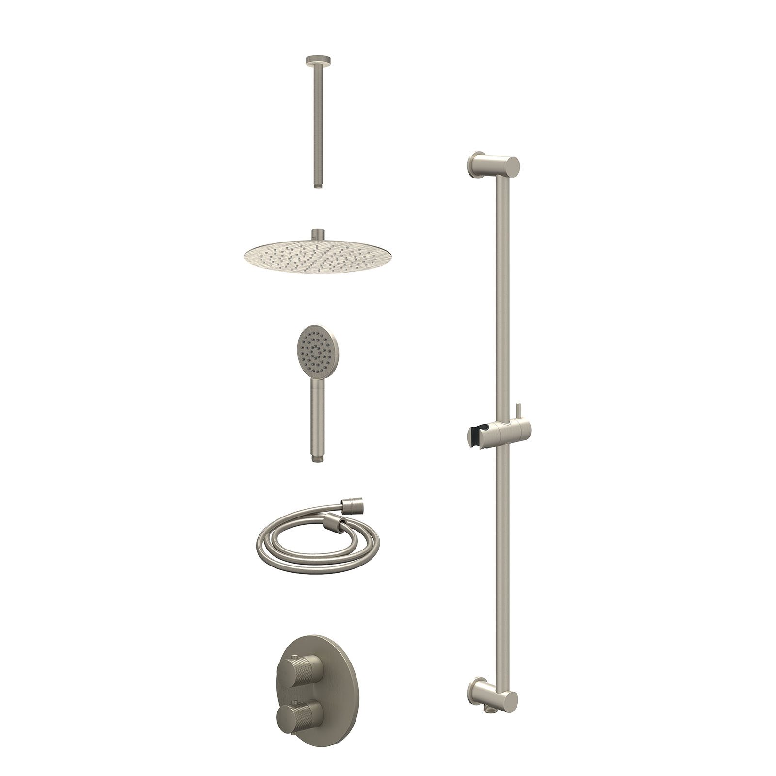 IVY Nexus Regendoucheset inbouw 2-weg - 25cm slim - plafond 30cm - glijstang - satin spray - excl. inbouwbox - Geborsteld nickel