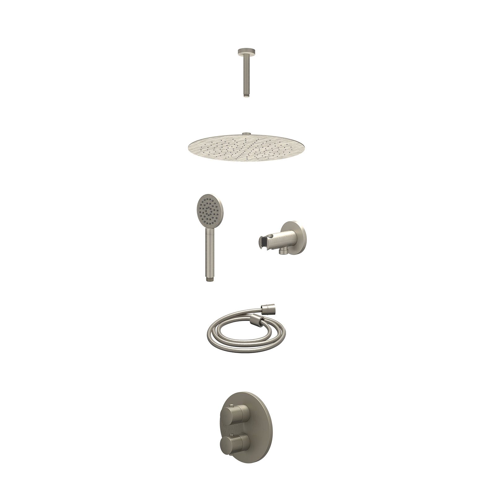 IVY Nexus Regendoucheset inbouw 2-weg - 30cm slim - plafond 15cm - wandhouder - satin spray - excl. inbouwbox - Geborsteld nickel