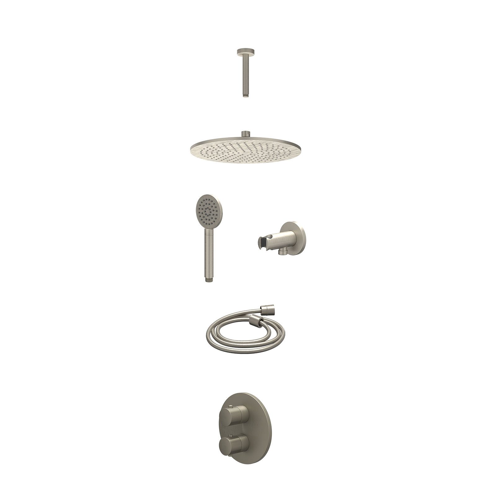 IVY Nexus Regendoucheset inbouw 2-weg - 30cm medium - plafond 15cm - wandhouder - satin spray - excl. inbouwbox - Geborsteld nickel