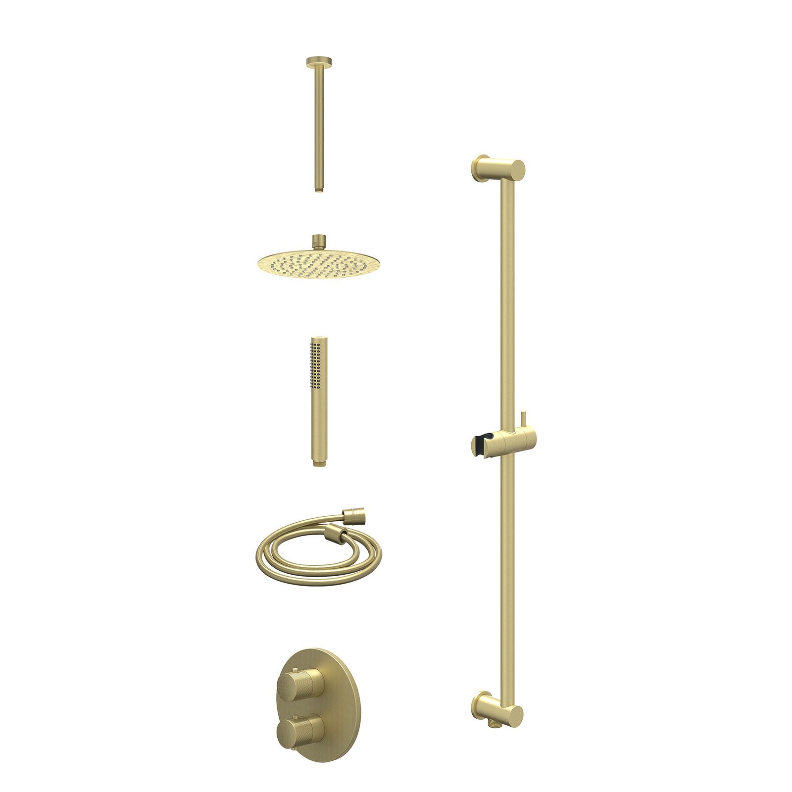 IVY Nexus Regendoucheset inbouw 2-weg - 20cm slim - plafond 30cm - glijstang - staafhanddouche - excl. inbouwbox - Geborsteld mat goud