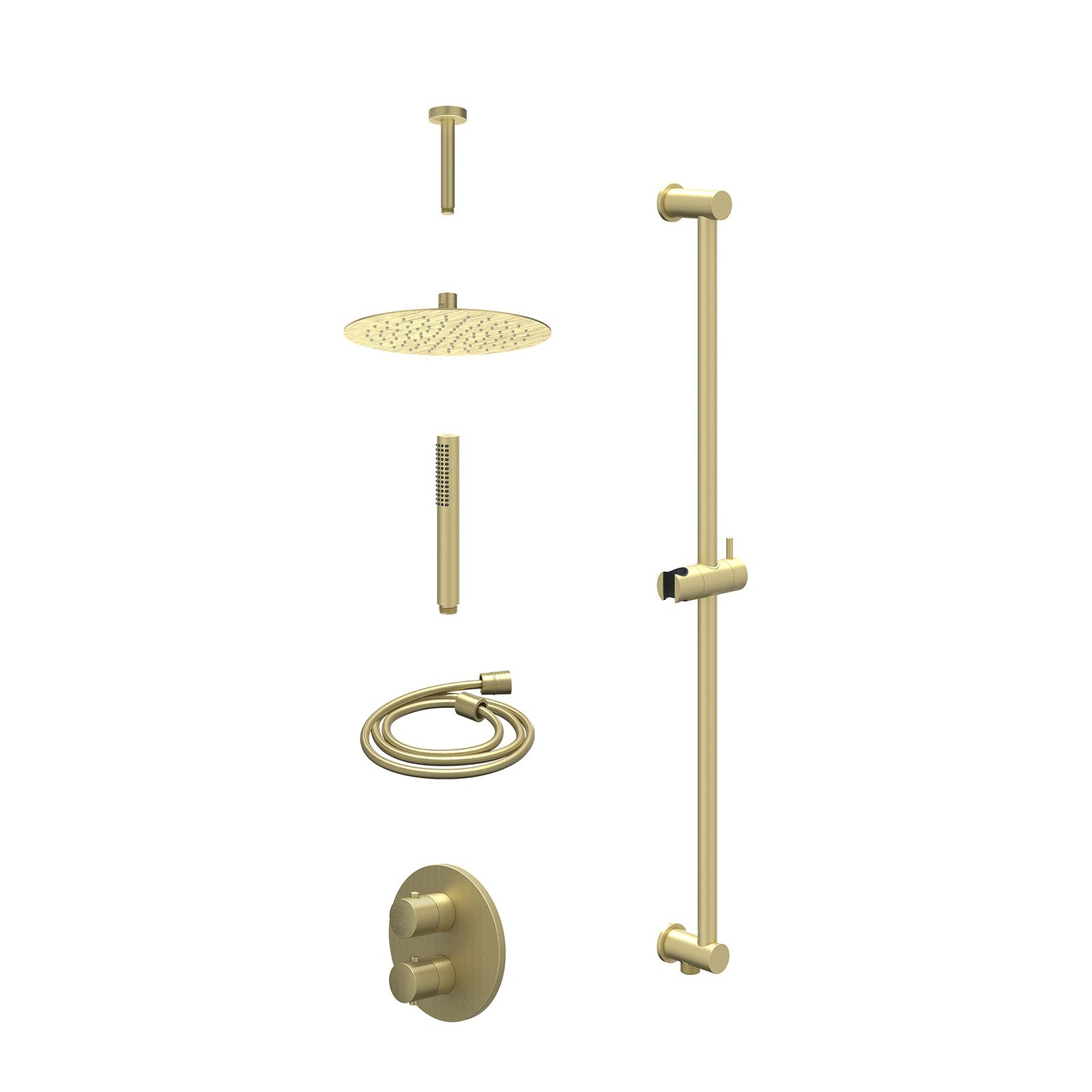 IVY Nexus Regendoucheset inbouw 2-weg - 25cm slim - plafond 15cm - glijstang - staafhanddouche - excl. inbouwbox - Geborsteld mat goud