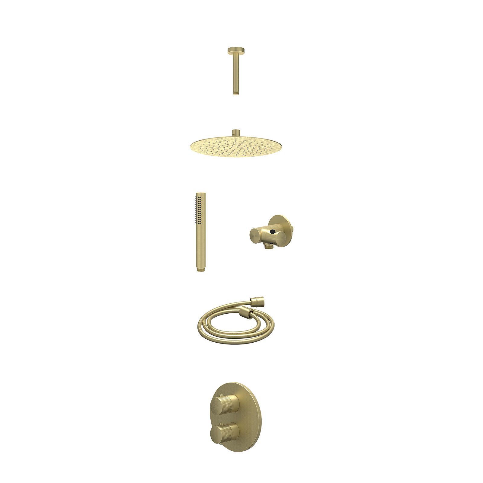 IVY Nexus Regendoucheset inbouw 2-weg - 25cm slim - plafond 15cm - verstelbare steun - staafhanddouche - excl. inbouwbox - Geborsteld mat goud
