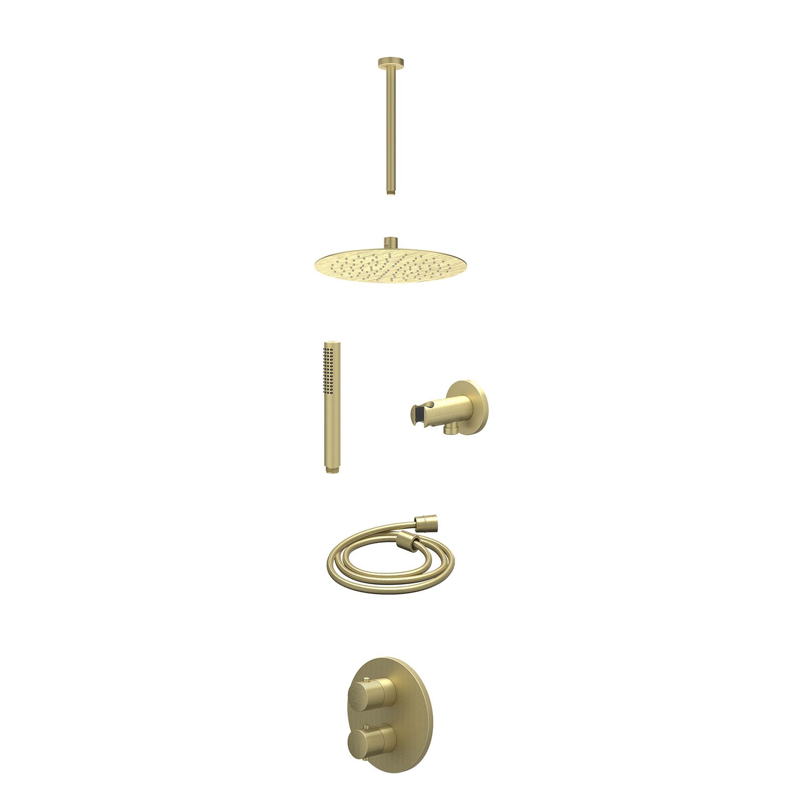 IVY Nexus Regendoucheset inbouw 2-weg - 25cm slim - plafond 30cm - wandhouder - staafhanddouche - excl. inbouwbox - Geborsteld mat goud