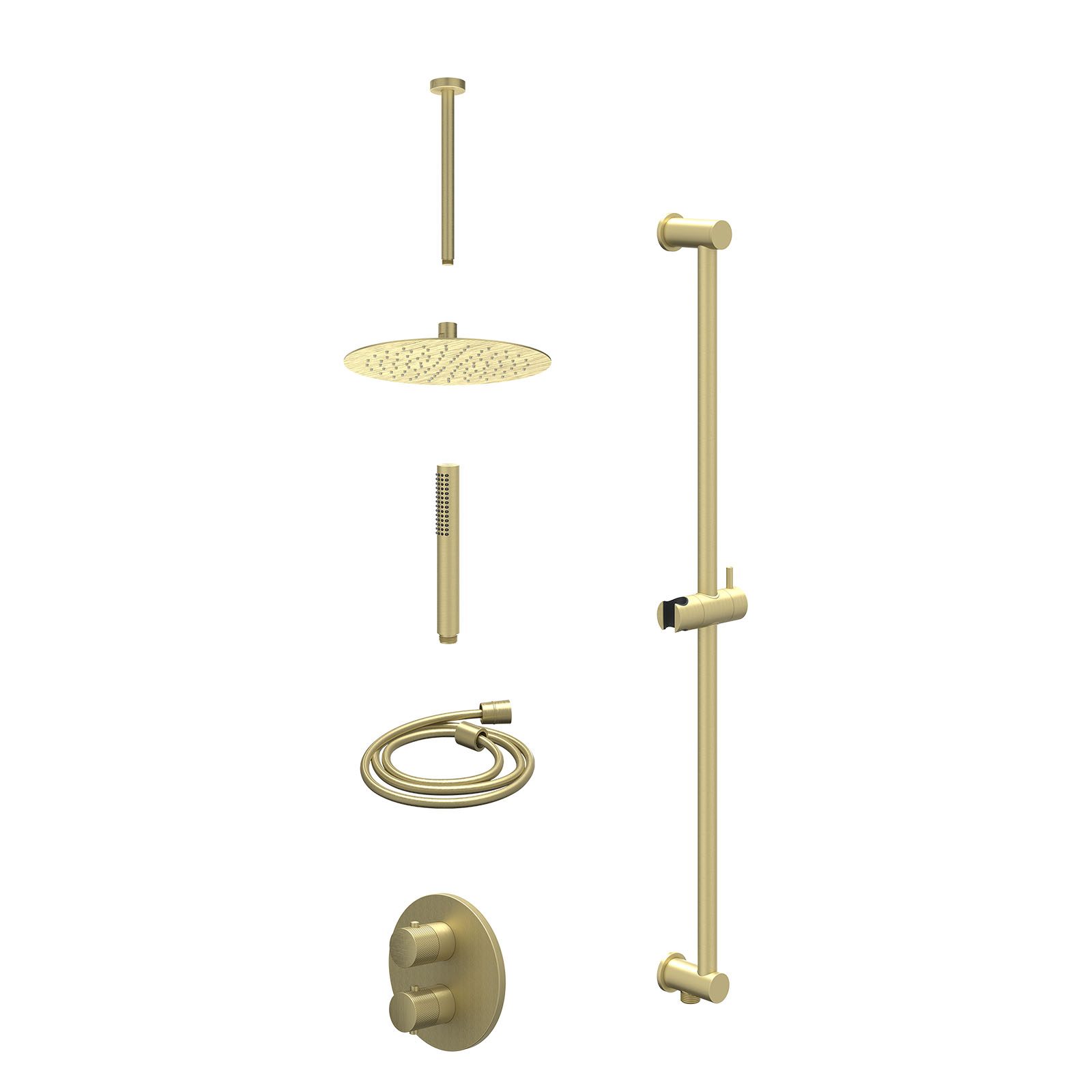IVY Nexus Regendoucheset inbouw 2-weg - 25cm slim - plafond 30cm - glijstang - staafhanddouche - excl. inbouwbox - Geborsteld mat goud