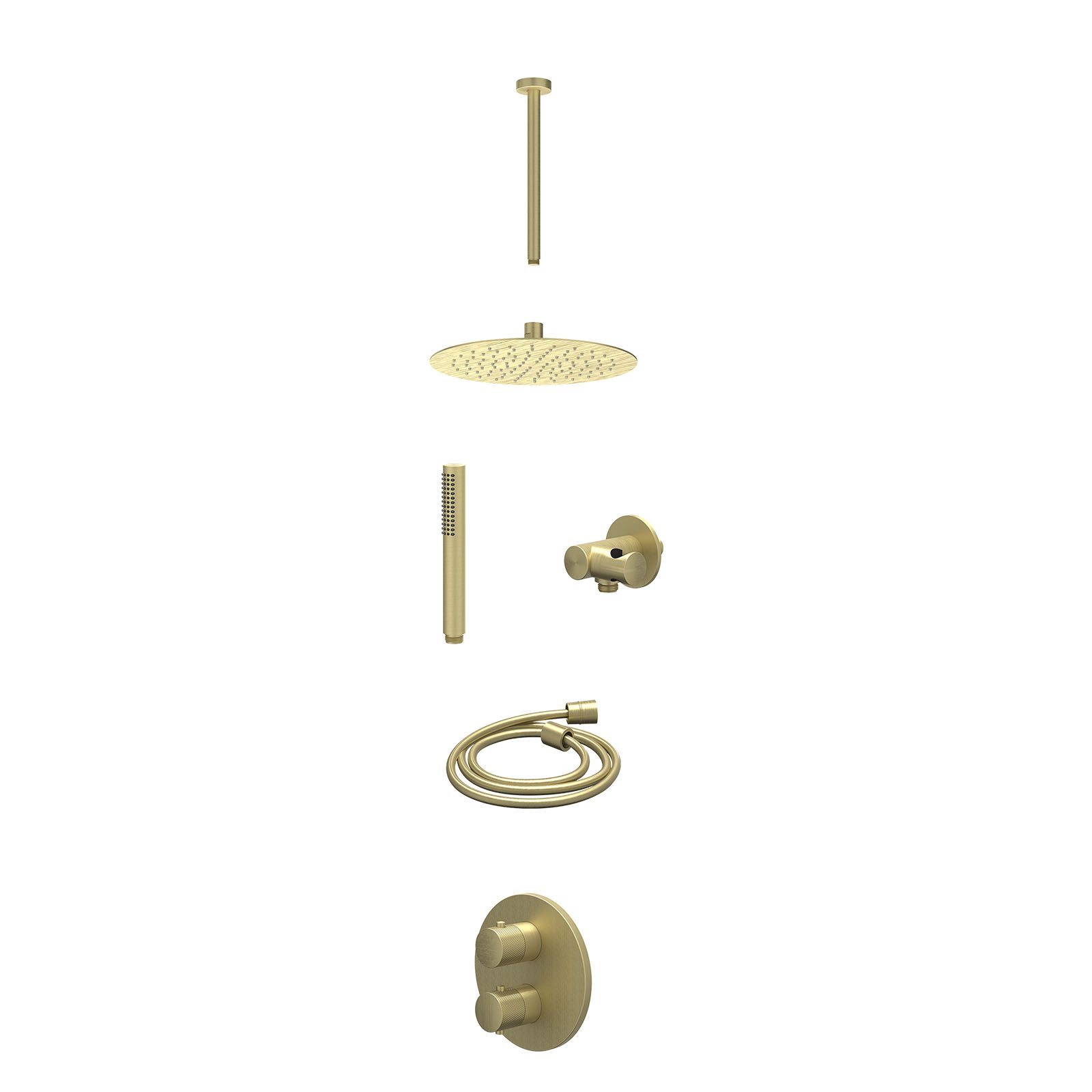 IVY Nexus Regendoucheset inbouw 2-weg - 25cm slim - plafond 30cm - verstelbare steun - staafhanddouche - excl. inbouwbox - Geborsteld mat goud