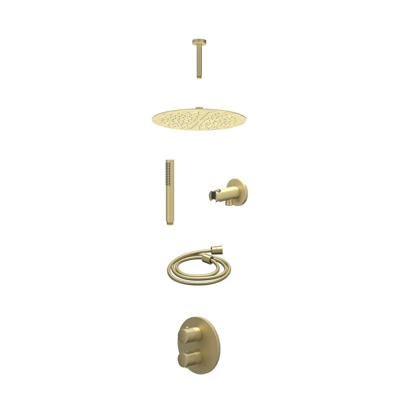 IVY Nexus Regendoucheset inbouw 2-weg - 30cm slim - plafond 15cm - wandhouder - staafhanddouche - excl. inbouwbox - Geborsteld mat goud