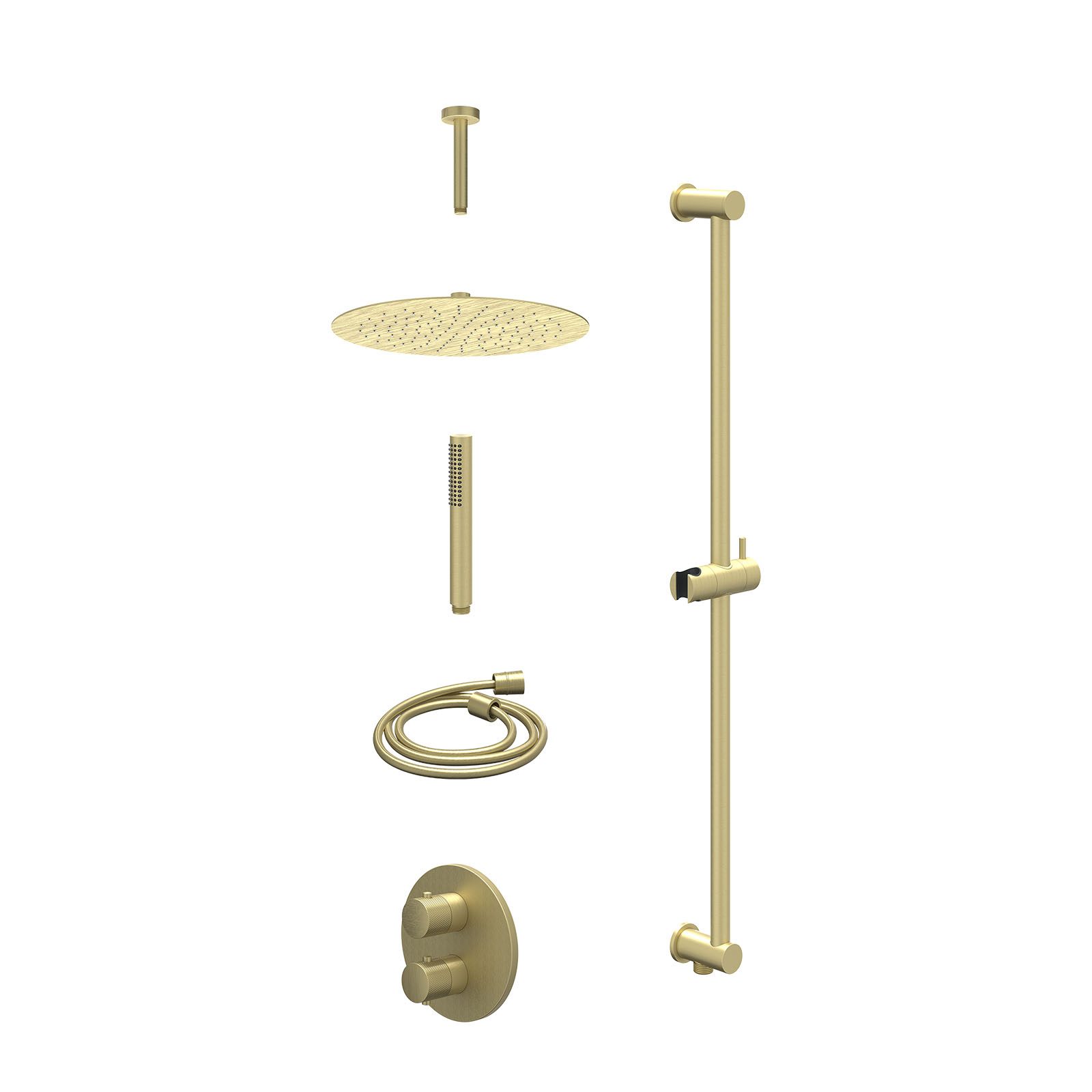 IVY Nexus Regendoucheset inbouw 2-weg - 30cm slim - plafond 15cm - glijstang - staafhanddouche - excl. inbouwbox - Geborsteld mat goud