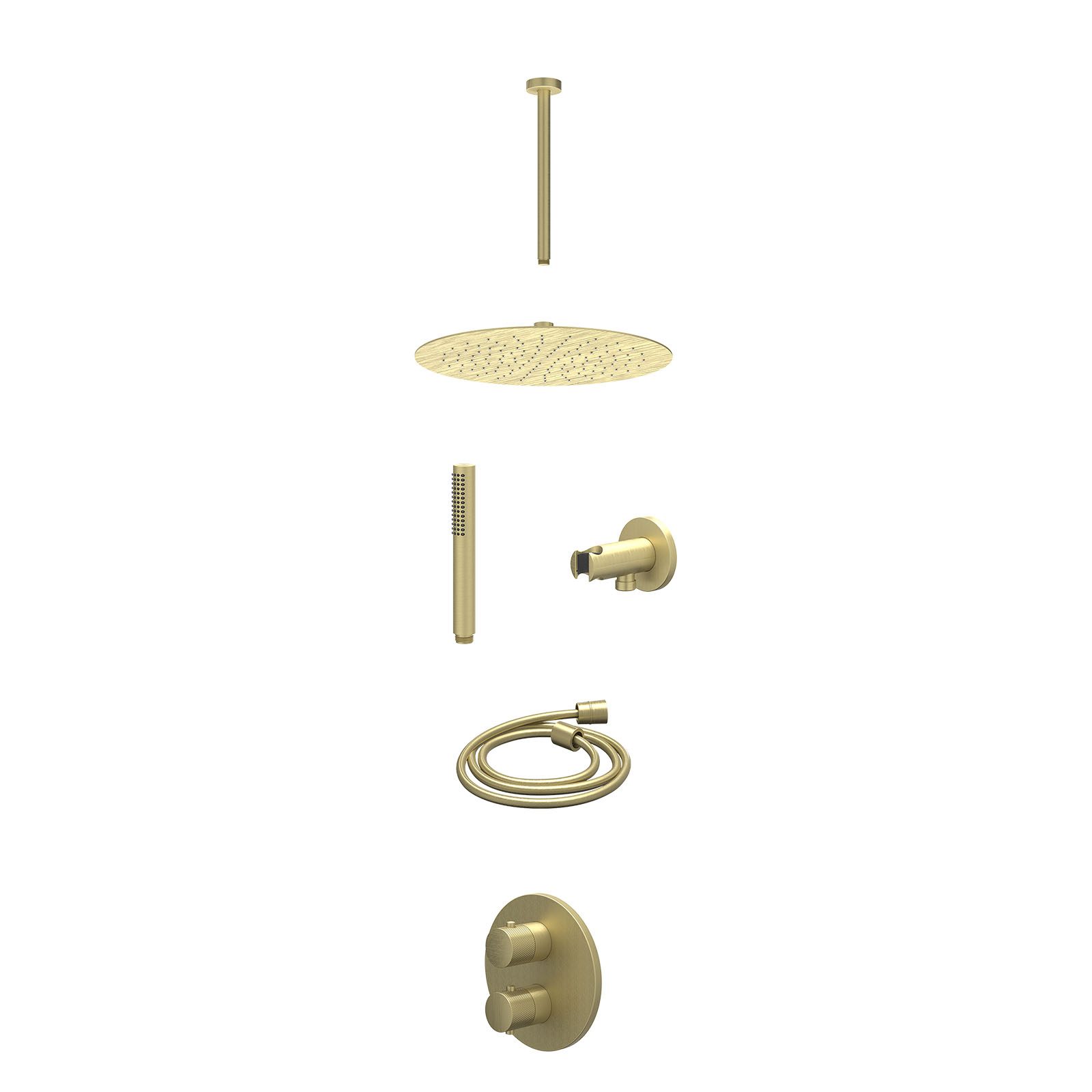 IVY Nexus Regendoucheset inbouw 2-weg - 30cm slim - plafond 30cm - wandhouder - staafhanddouche - excl. inbouwbox - Geborsteld mat goud
