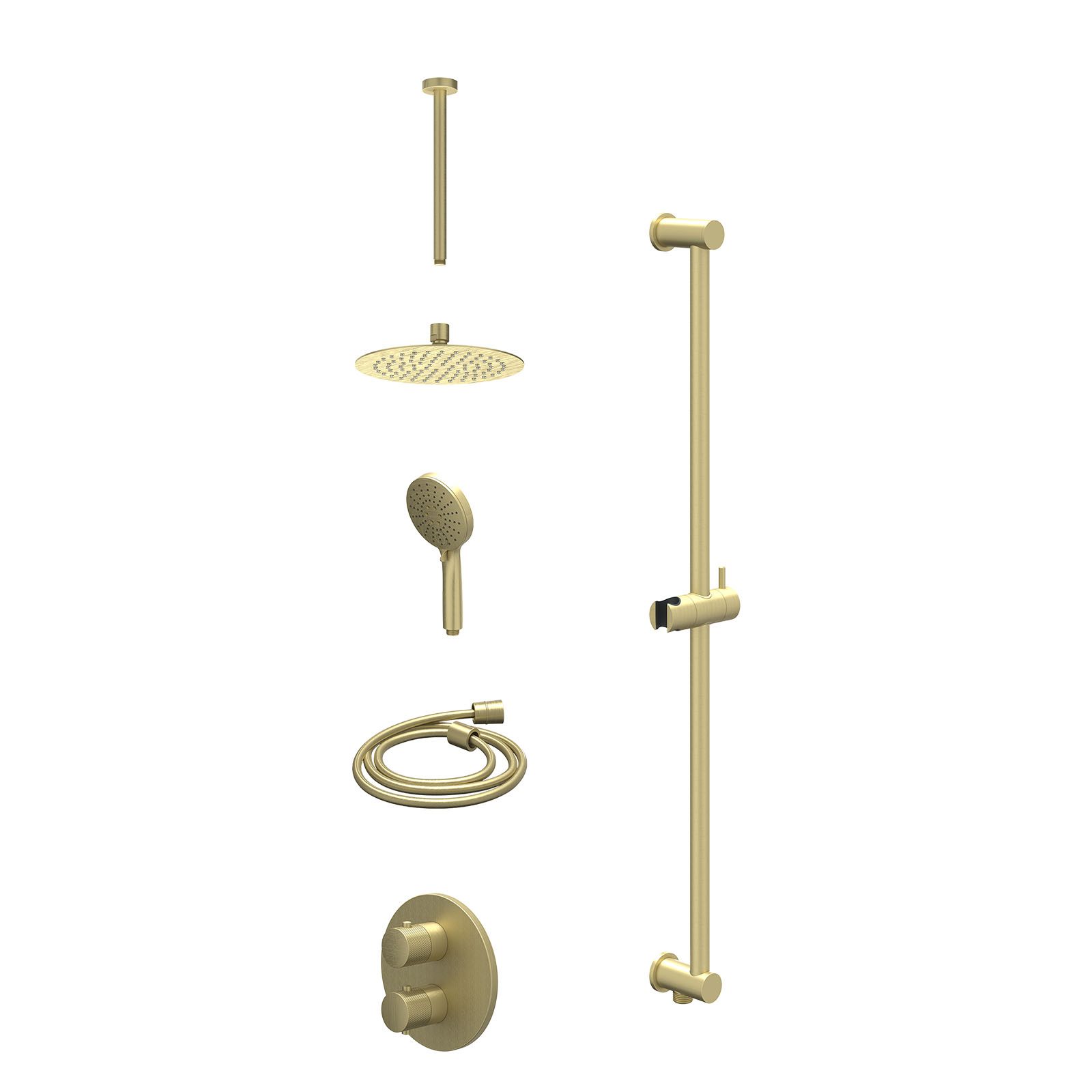 IVY Nexus Regendoucheset inbouw 2-weg - 20cm slim - plafond 30cm - glijstang - 3-standen - excl. inbouwbox - Geborsteld mat goud