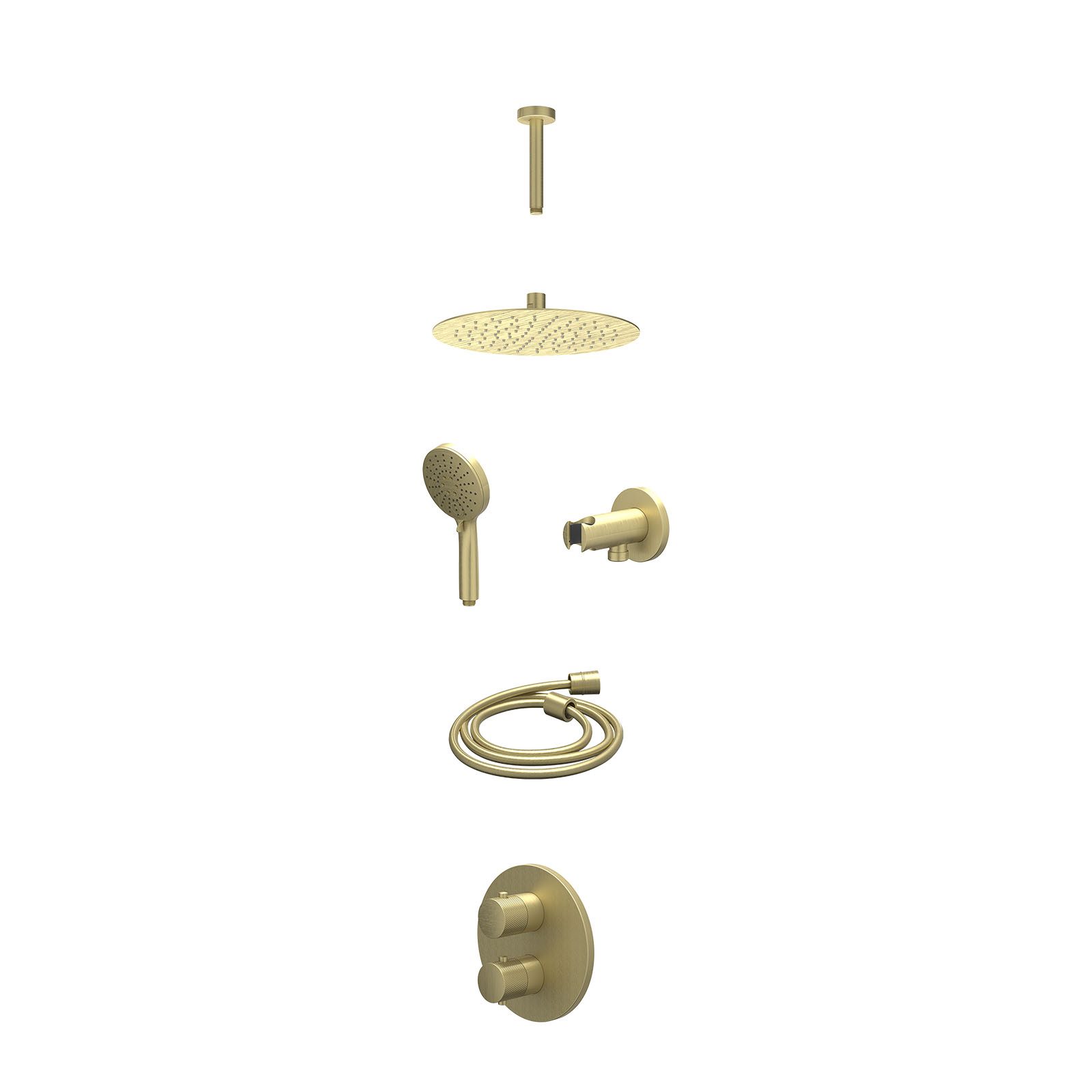 IVY Nexus Regendoucheset inbouw 2-weg - 25cm slim - plafond 15cm - wandhouder - 3-standen - excl. inbouwbox - Geborsteld mat goud