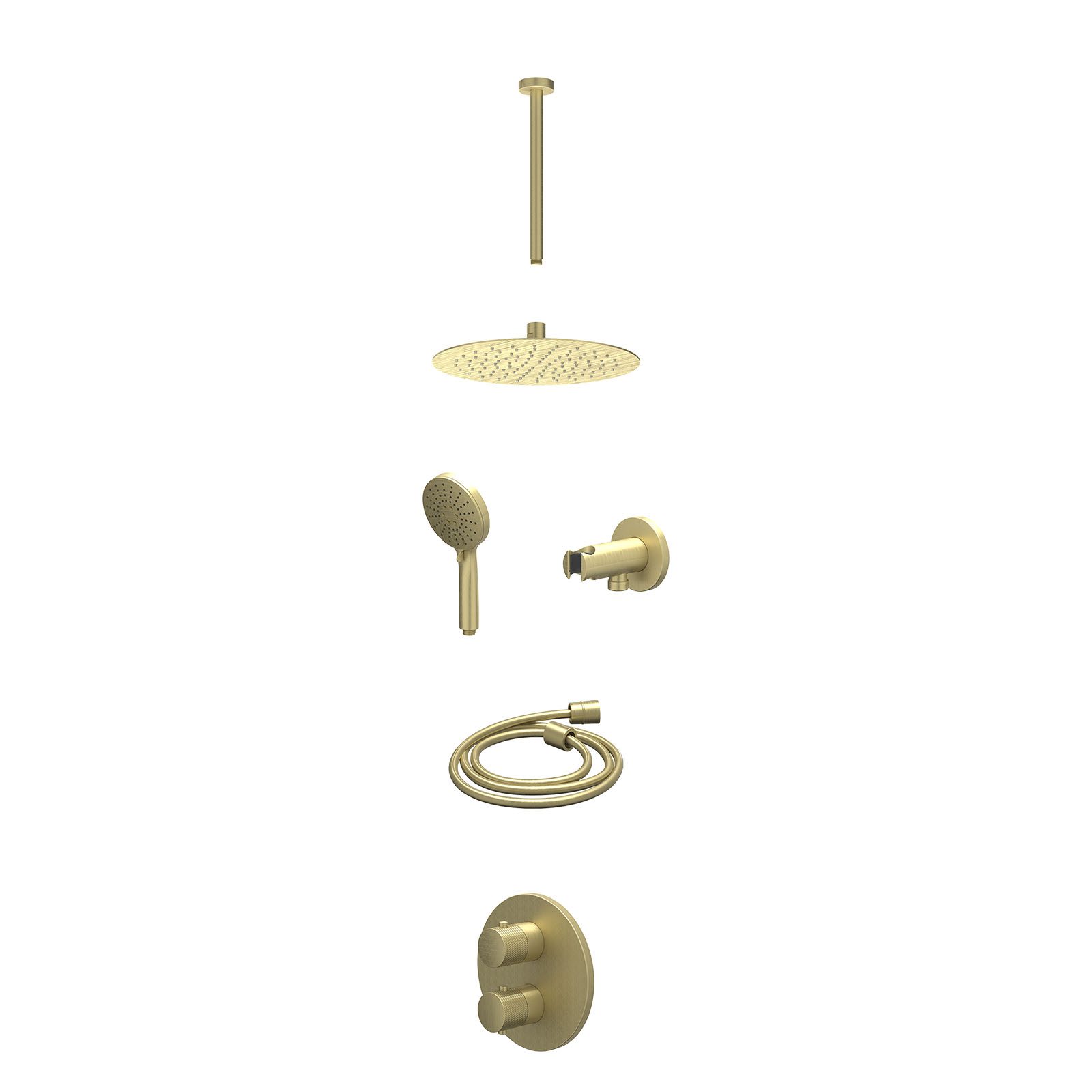 IVY Nexus Regendoucheset inbouw 2-weg - 25cm slim - plafond 30cm - wandhouder - 3-standen - excl. inbouwbox - Geborsteld mat goud