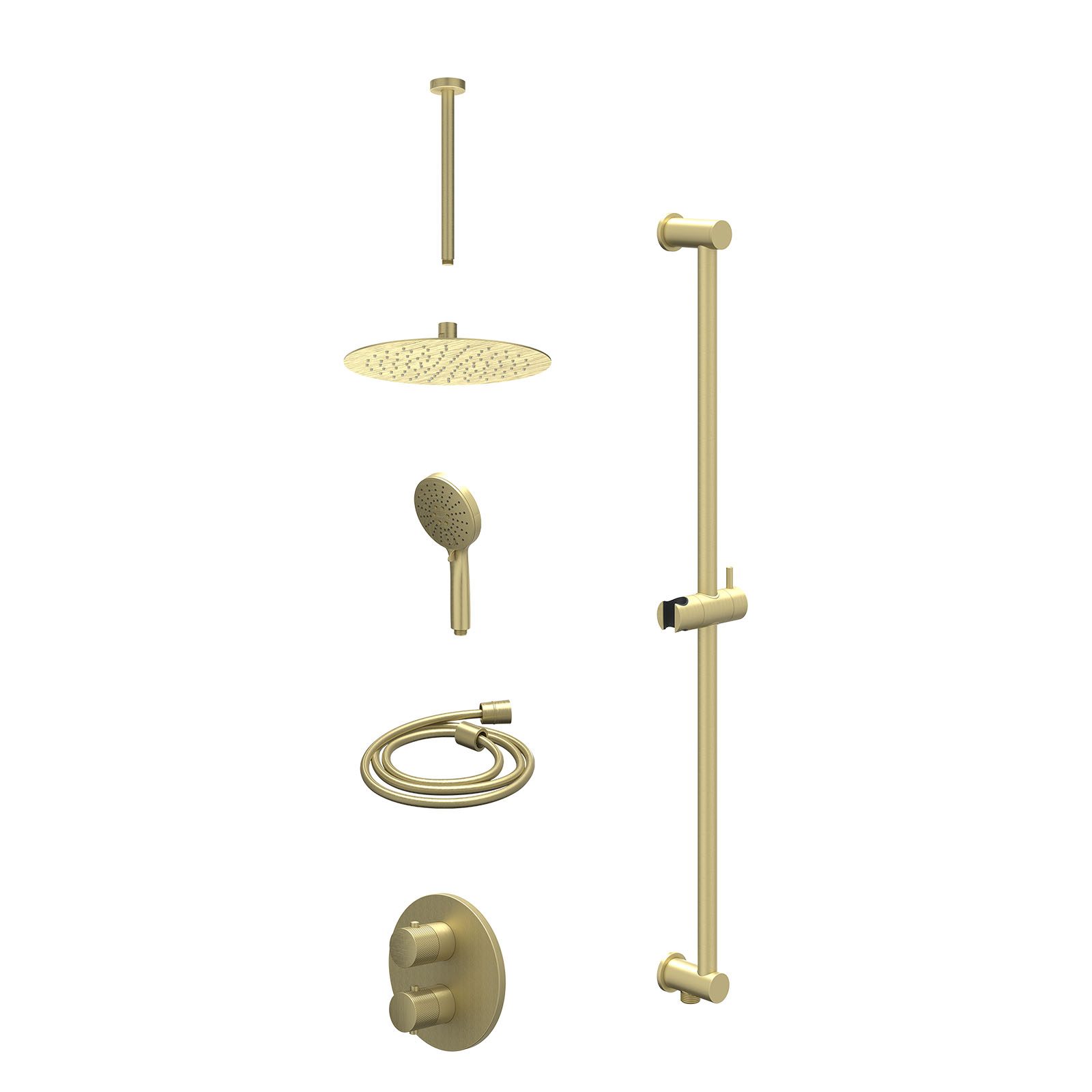 IVY Nexus Regendoucheset inbouw 2-weg - 25cm slim - plafond 30cm - glijstang - 3-standen - excl. inbouwbox - Geborsteld mat goud