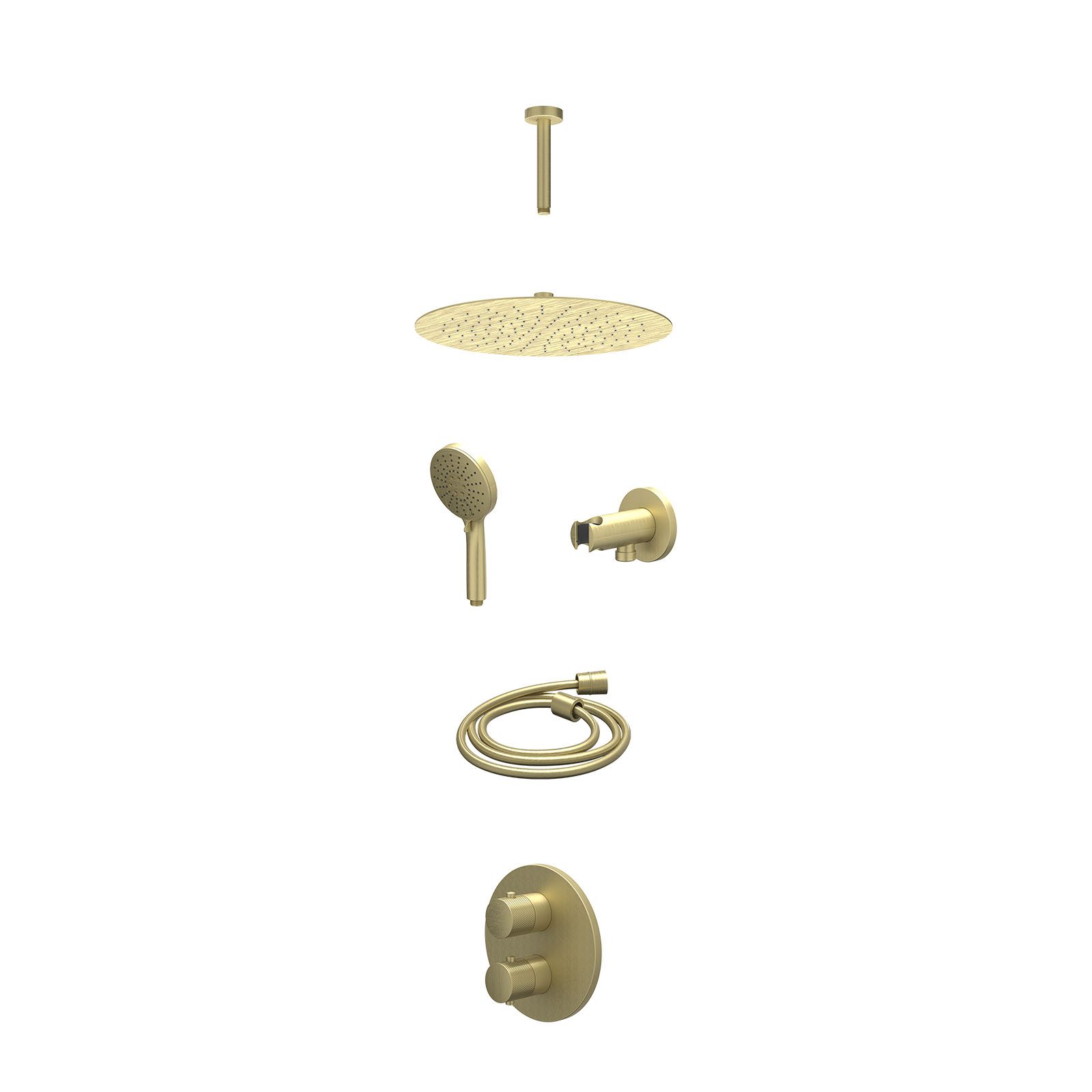 IVY Nexus Regendoucheset inbouw 2-weg - 30cm slim - plafond 15cm - wandhouder - 3-standen - excl. inbouwbox - Geborsteld mat goud