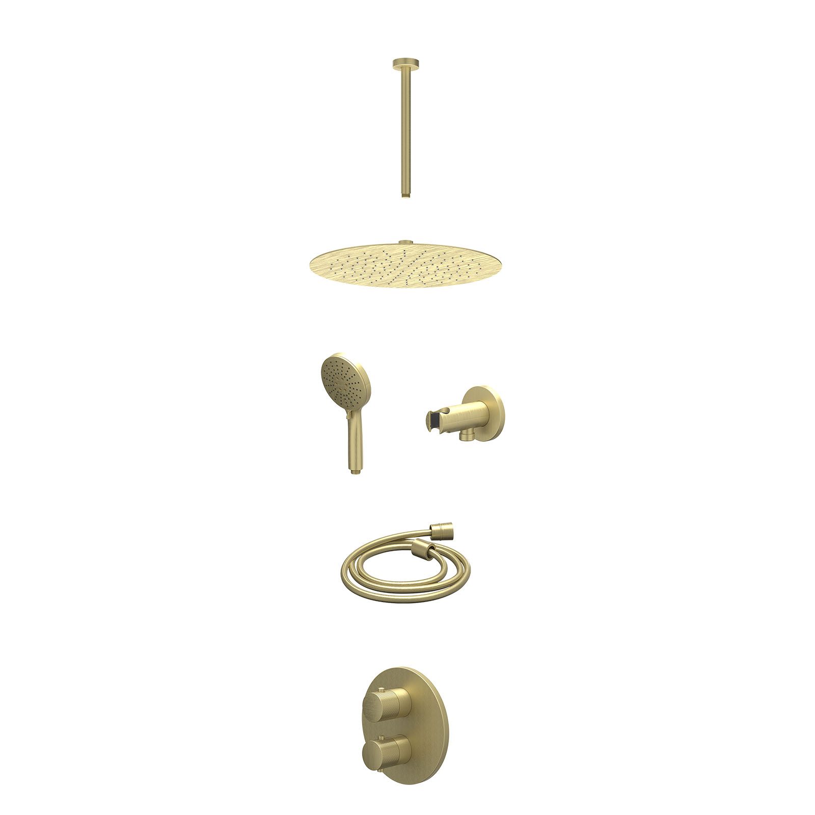IVY Nexus Regendoucheset inbouw 2-weg - 30cm slim - plafond 30cm - wandhouder - 3-standen - excl. inbouwbox - Geborsteld mat goud