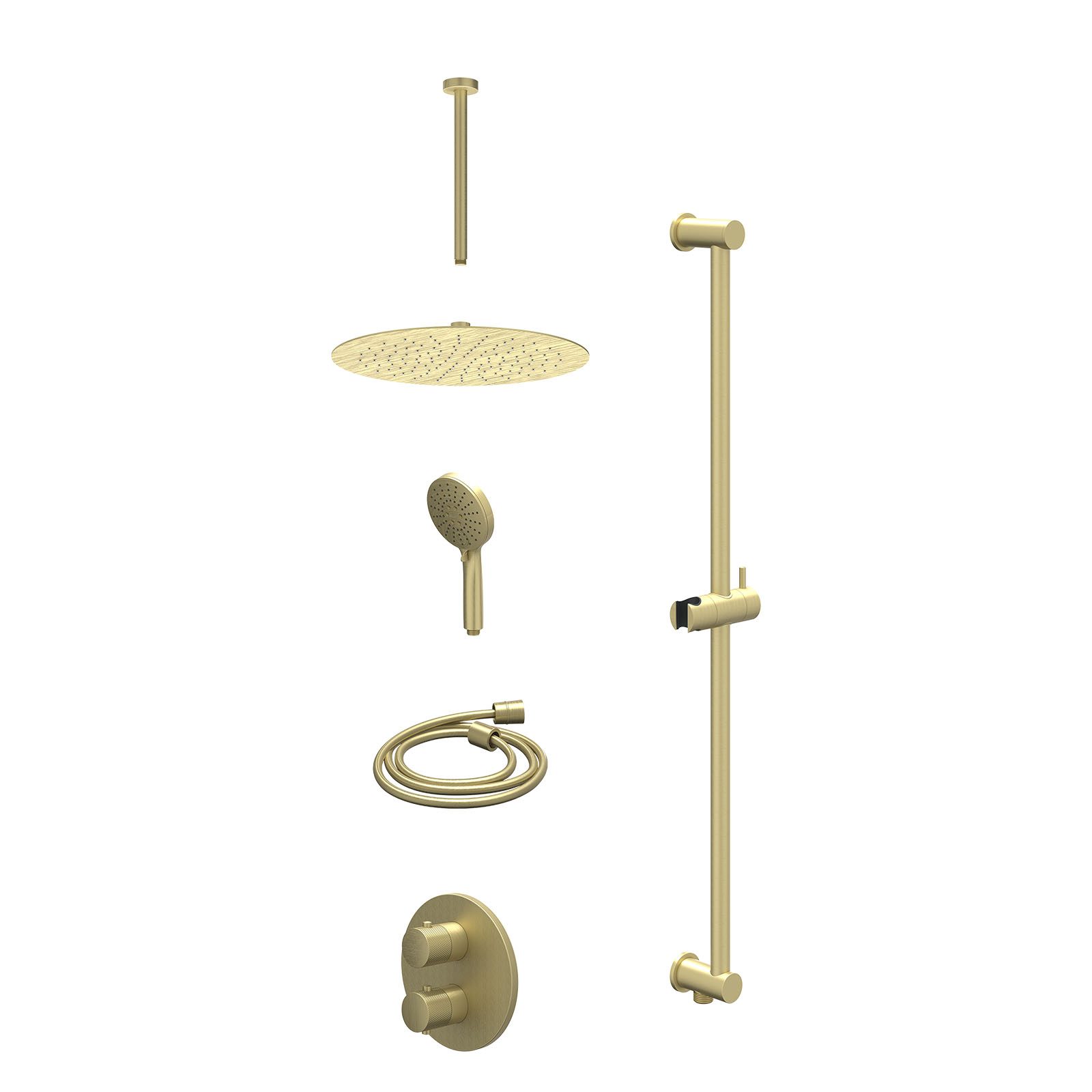 IVY Nexus Regendoucheset inbouw 2-weg - 30cm slim - plafond 30cm - glijstang - 3-standen - excl. inbouwbox - Geborsteld mat goud