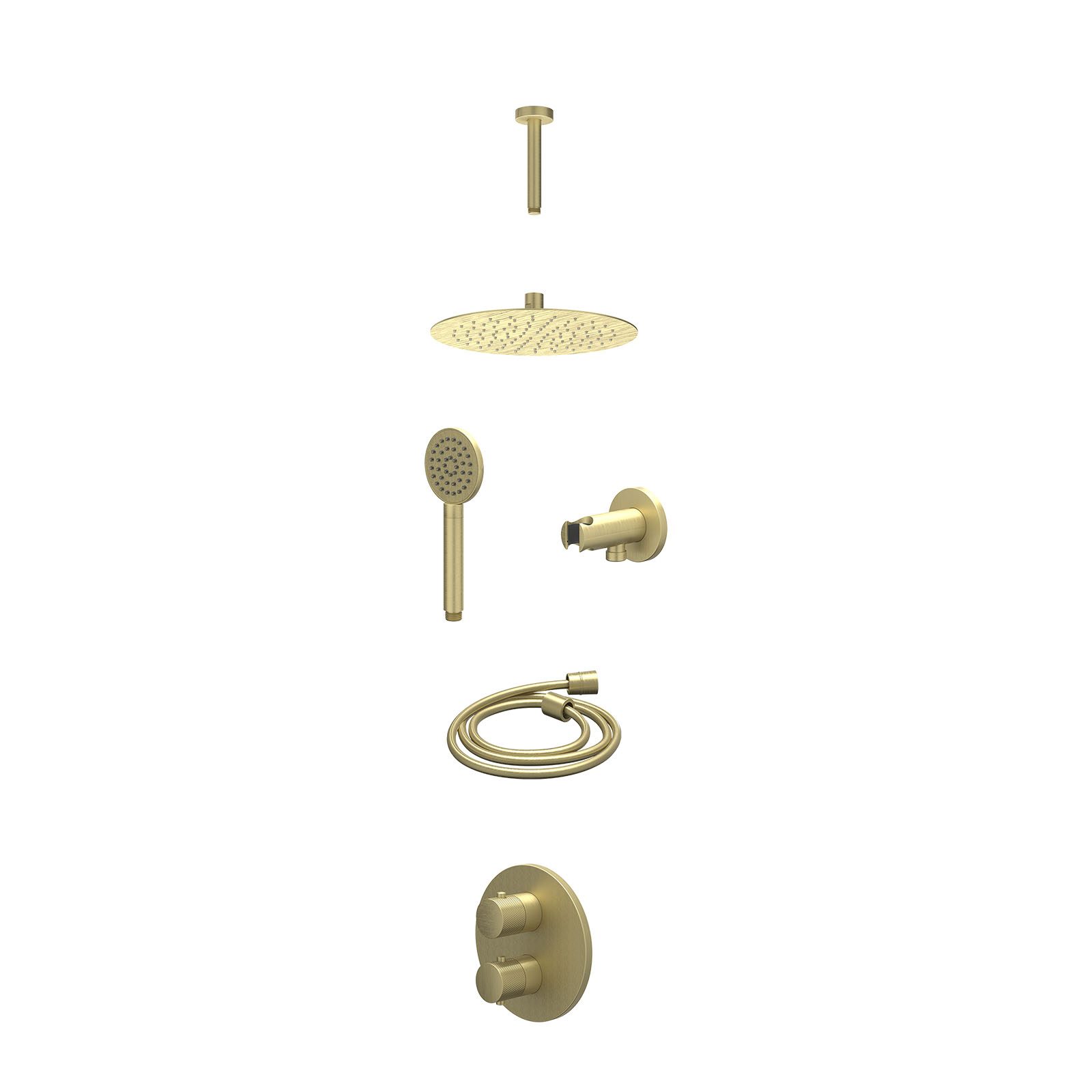 IVY Nexus Regendoucheset inbouw 2-weg - 25cm slim - plafond 15cm - wandhouder - satin spray - excl. inbouwbox - Geborsteld mat goud