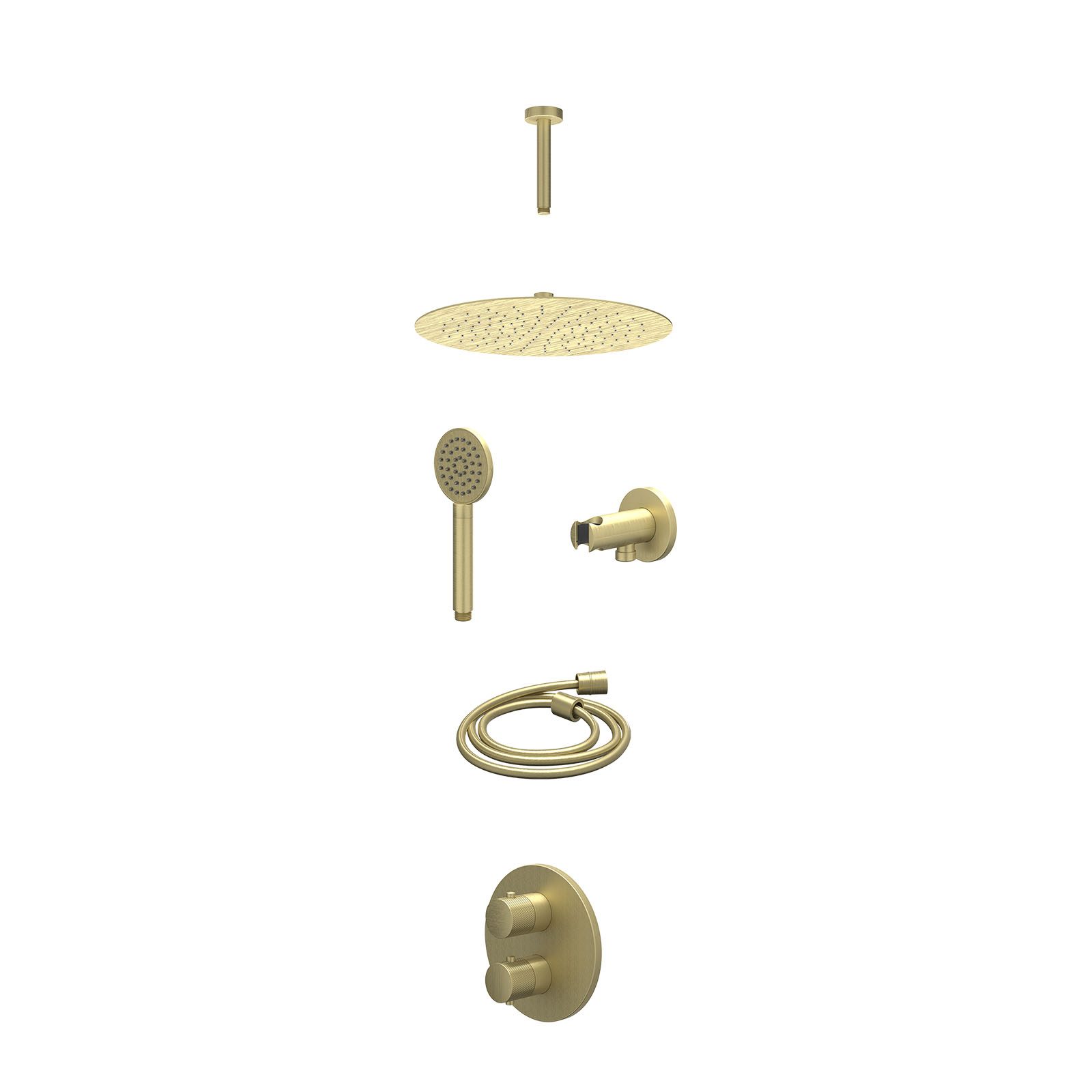IVY Nexus Regendoucheset inbouw 2-weg - 30cm slim - plafond 15cm - wandhouder - satin spray - excl. inbouwbox - Geborsteld mat goud