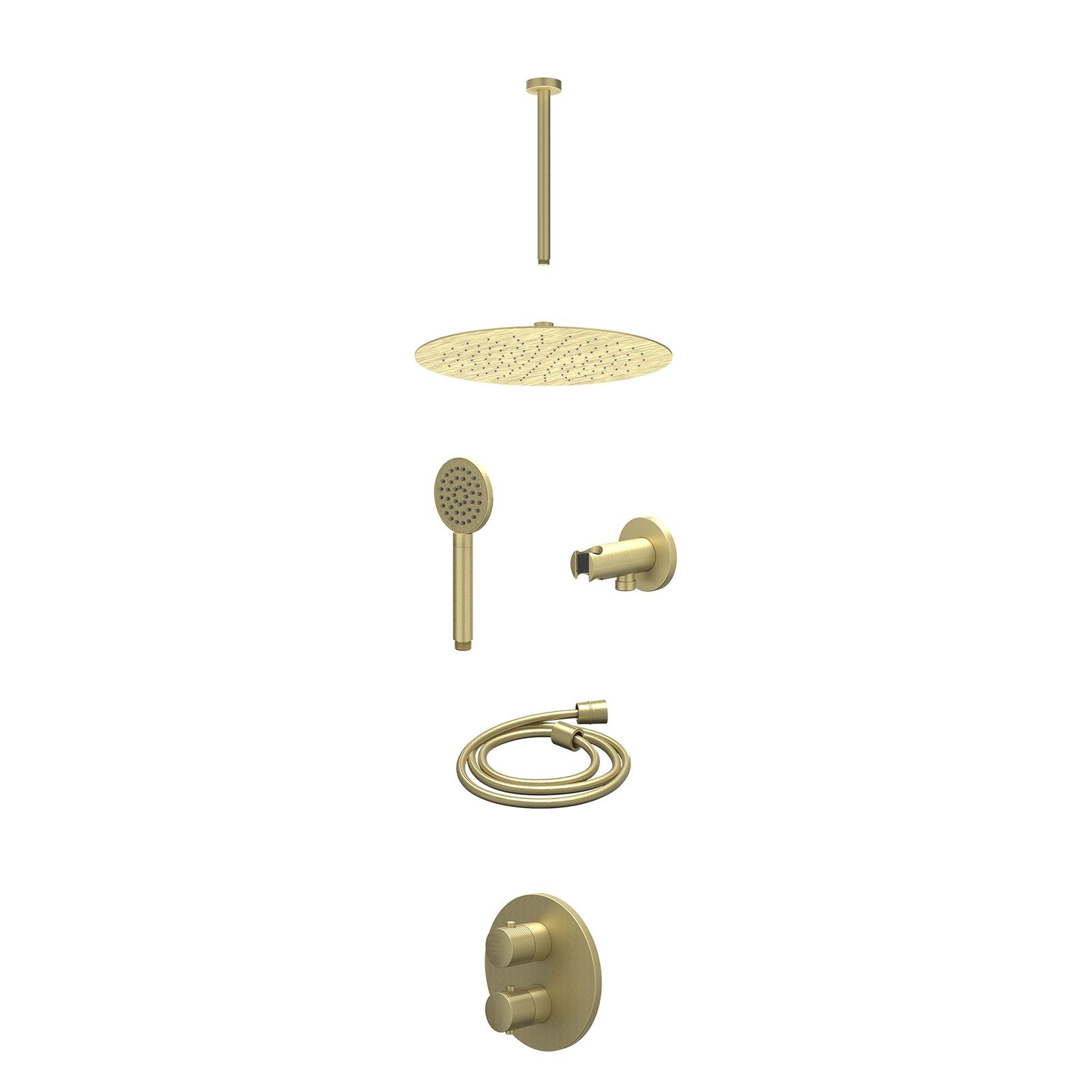 IVY Nexus Regendoucheset inbouw 2-weg - 30cm slim - plafond 30cm - wandhouder - satin spray - excl. inbouwbox - Geborsteld mat goud