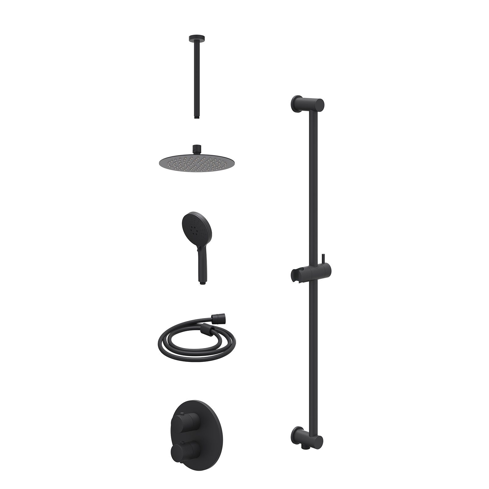 IVY Nexus Regendoucheset inbouw 2-weg - 20cm slim - plafond 30cm - glijstang - 3-standen - excl. inbouwbox - Mat zwart
