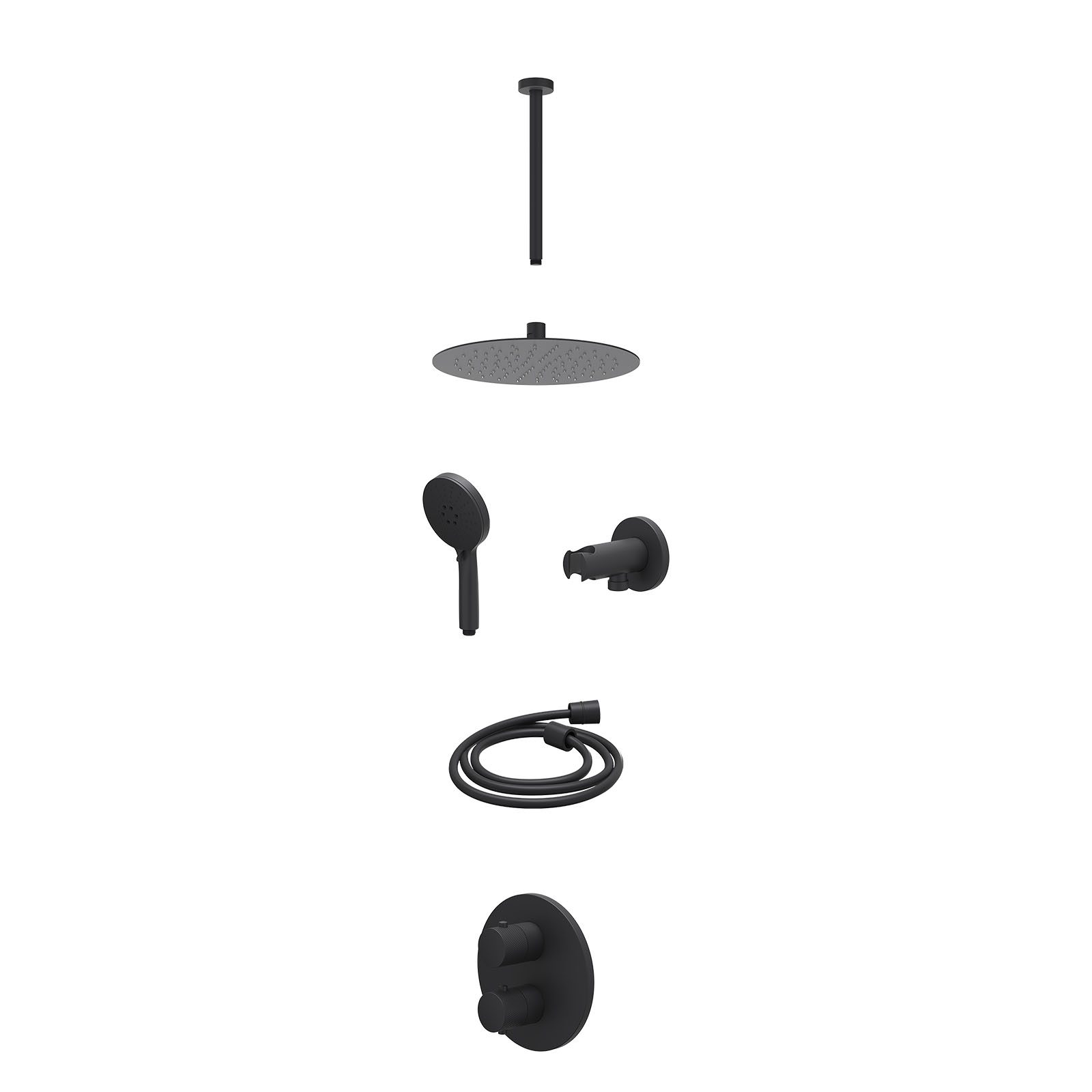 IVY Nexus Regendoucheset inbouw 2-weg - 25cm slim - plafond 30cm - wandhouder - 3-standen - excl. inbouwbox - Mat zwart